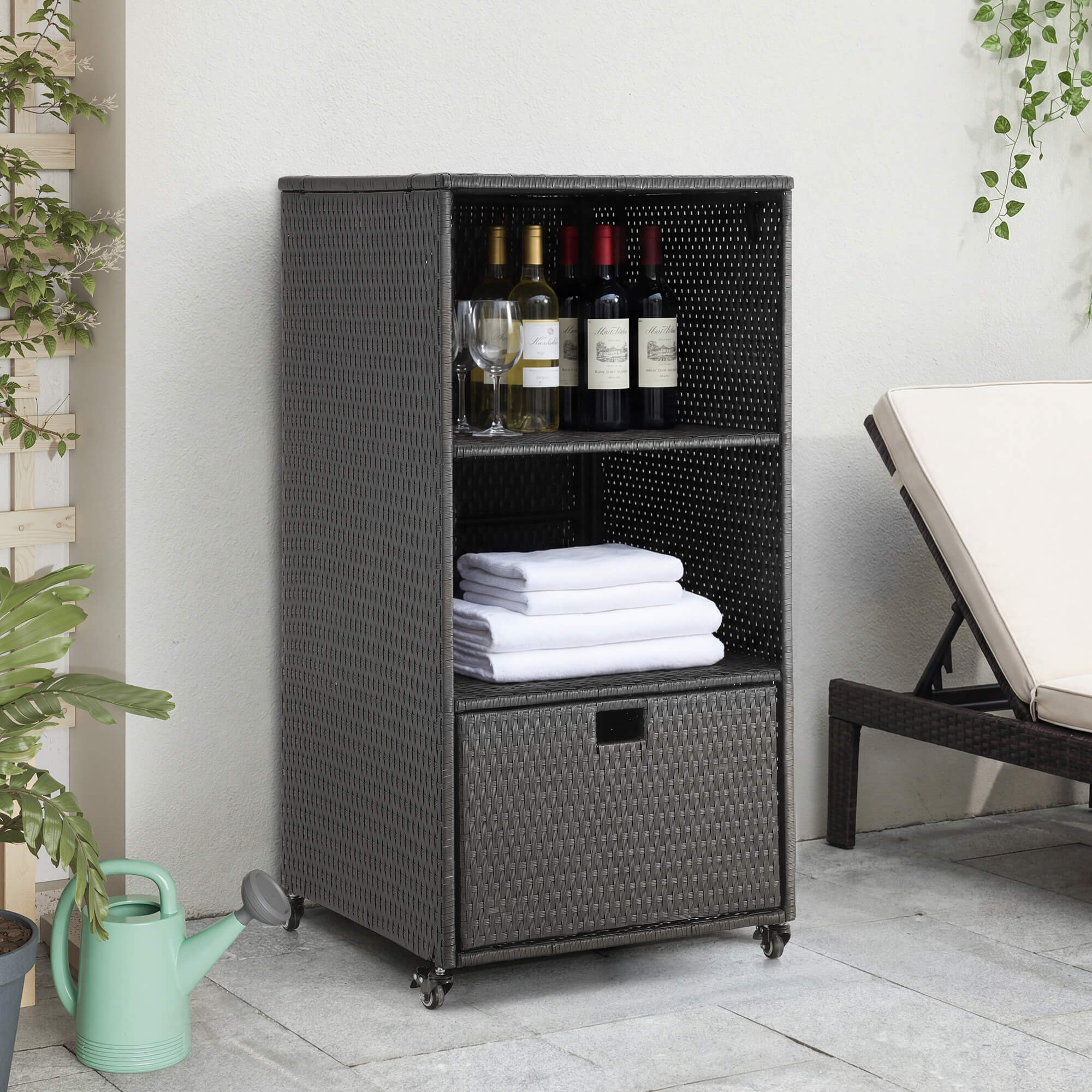 HOMREST Outdoor Pool Towel Rack with Storage Cabinet, Waterproof PE Rattan Wicker Poolside Towel Organizer with Shelves & Drawer, Rolling Wheels Towel Valet Caddy, Black