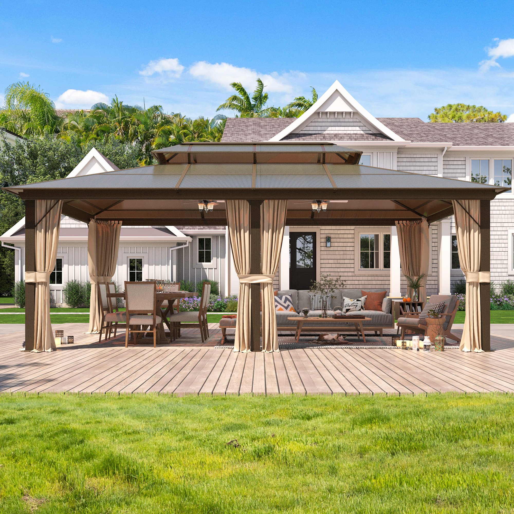 Homrest 12'x20' Hardtop Gazebo, Outdoor Polycarbonate Double Roof Canopy, Aluminum Frame Permanent Pavilion