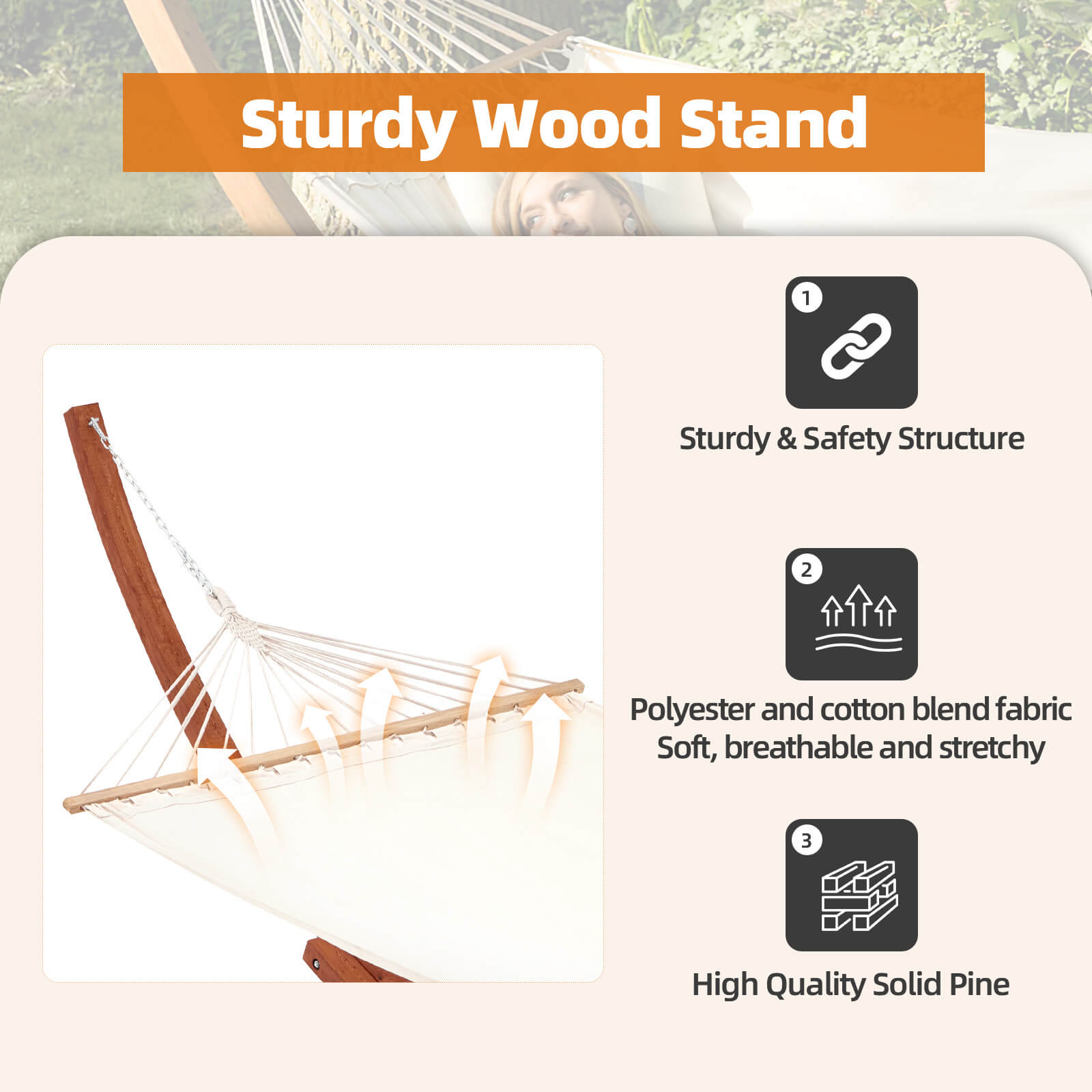 HOMREST 12 FT Wooden Hammock with Stand for Single Person, White