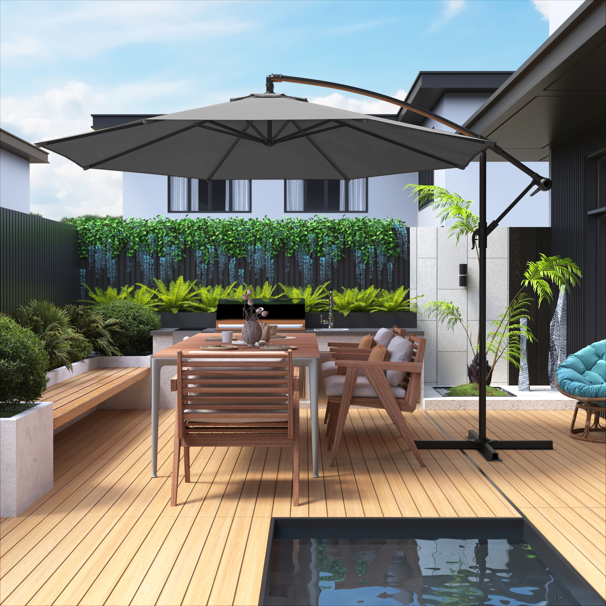 Homrest 10ft Offset Patio Umbrella - Outdoor Hanging Umbrella with Easy Tilt, 99.9% UV Protection, and Sturdy Iron Frame for Garden, Pool, Backyard, Gray