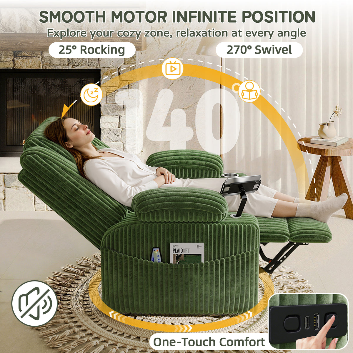 HOMREST Power Oversized Swivel Rocker Recliner with Massage and Heat, Nursery Rocking Chairs for Living Room,Green