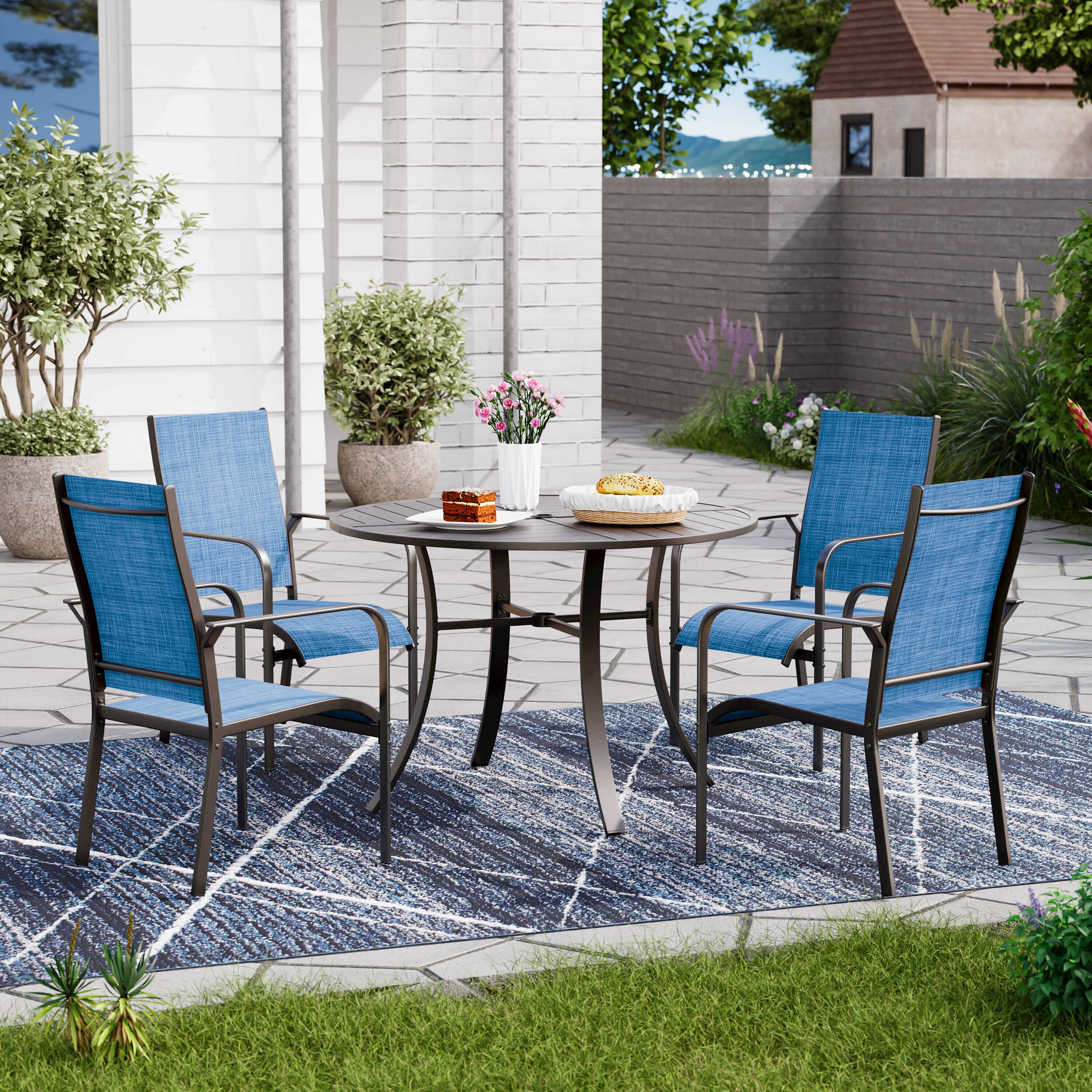 HOMREST 6 Pack Outdoor Dining Chairs, Stackable Patio Chairs with Breathable Textilene & Durable Metal Frame, Blue