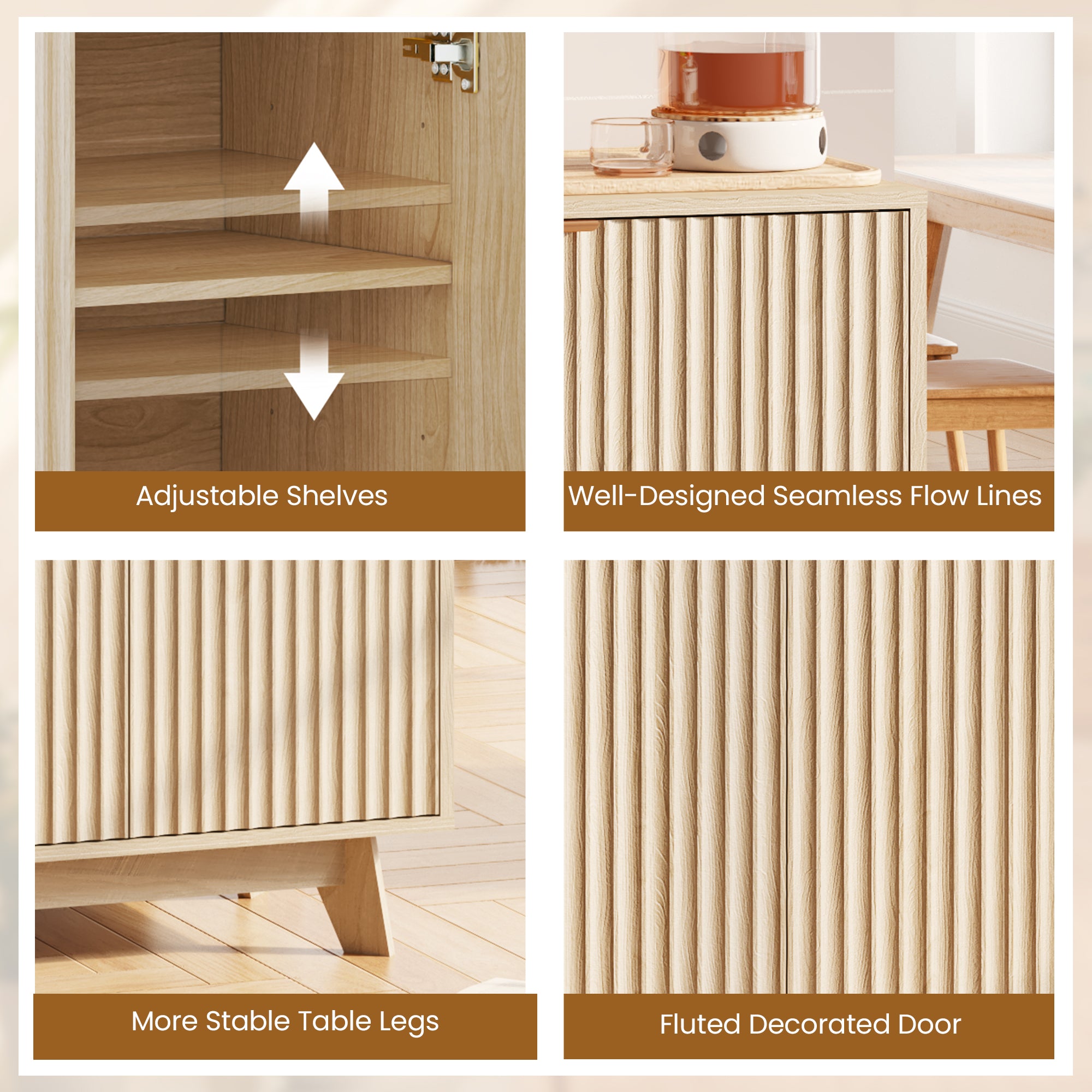 HOMREST Fluted Storage Cabinet, Modern Accent Buffet Cabinet with Double Doors and Adjustable Shelves for Living Room, Kitchen