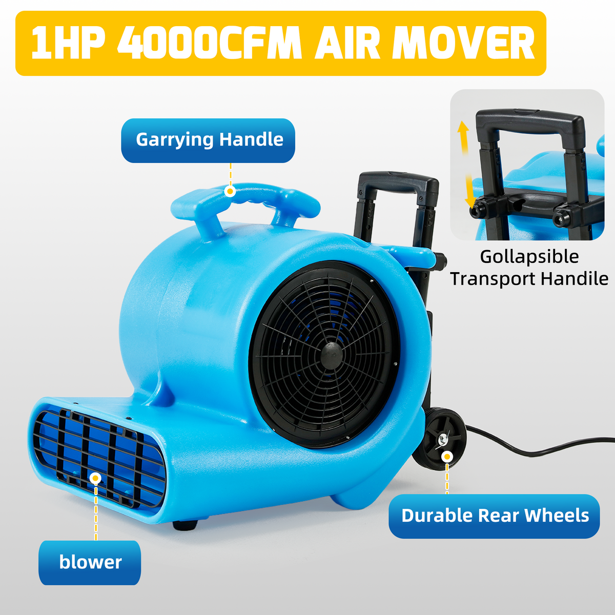 HOMREST 1 HP Air Mover, 4000 CFM Carpet Dryer & Floor Blower, 3-Speed Commercial Fan with 3 Adjustable Angles, Handle & Wheels, 15 Ft Power Cord, Stackable