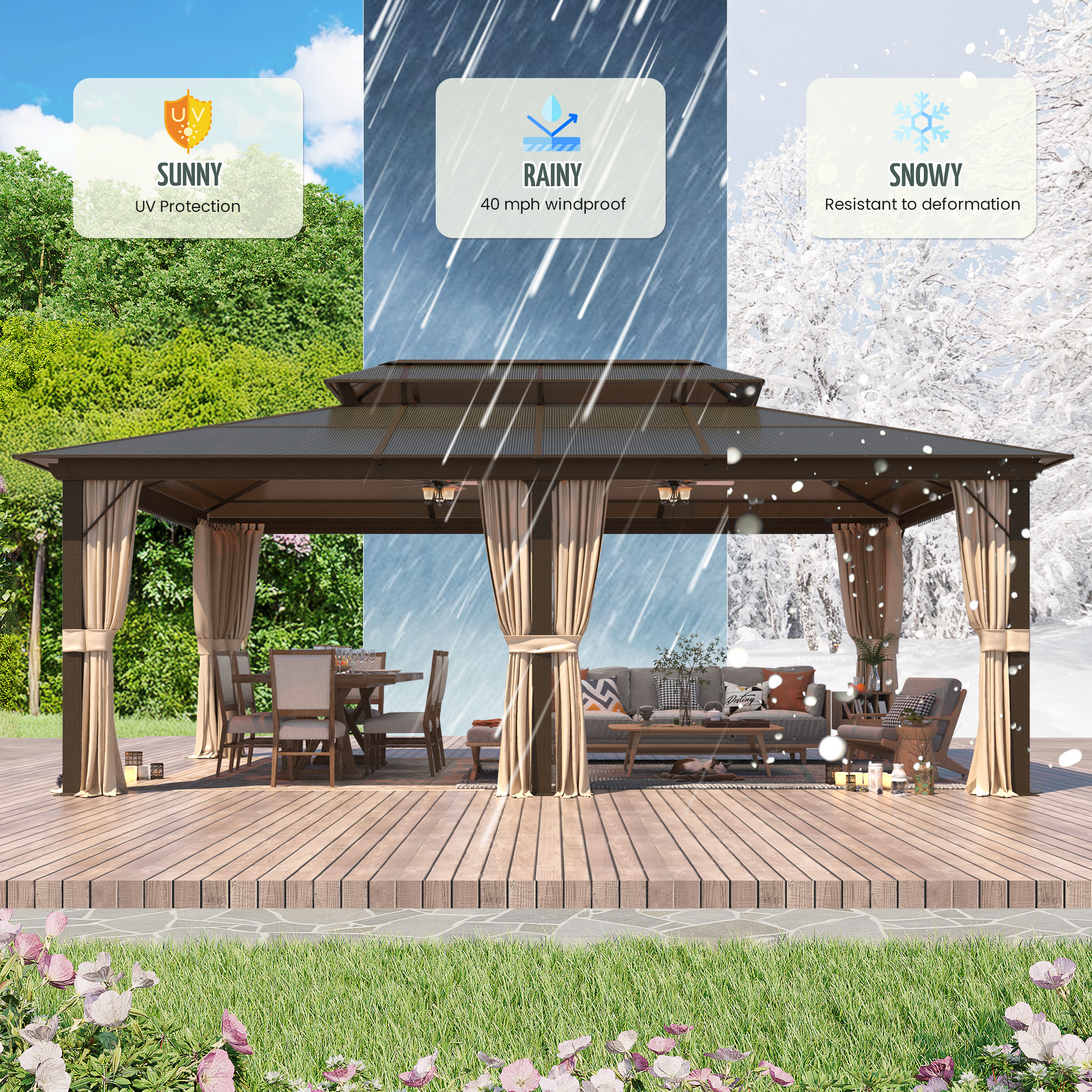 Homrest 12'x20' Hardtop Gazebo, Outdoor Polycarbonate Double Roof Canopy, Aluminum Frame Permanent Pavilion