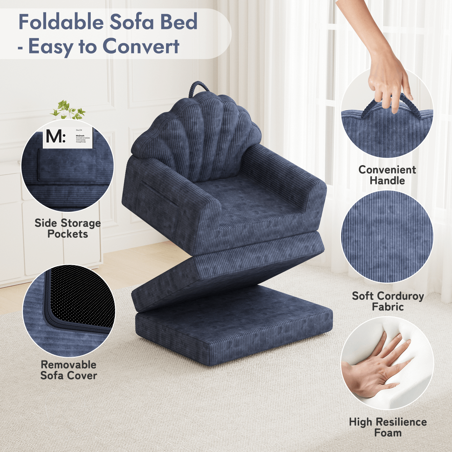HOMREST 2-in-1 Folding Sofa Bed with Back Support, 75" D x 34" W Convertible Futon Sleeper Chair for Living Room Bedroom Small Spaces, Navy Blue