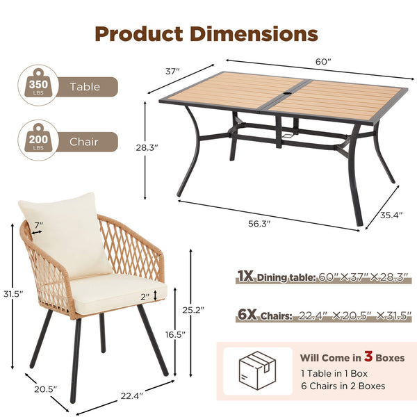 HOMREST 7-Piece Outdoor Dining Set – Rectangular Table with Umbrella Hole & 6 Rattan Chairs, Beige