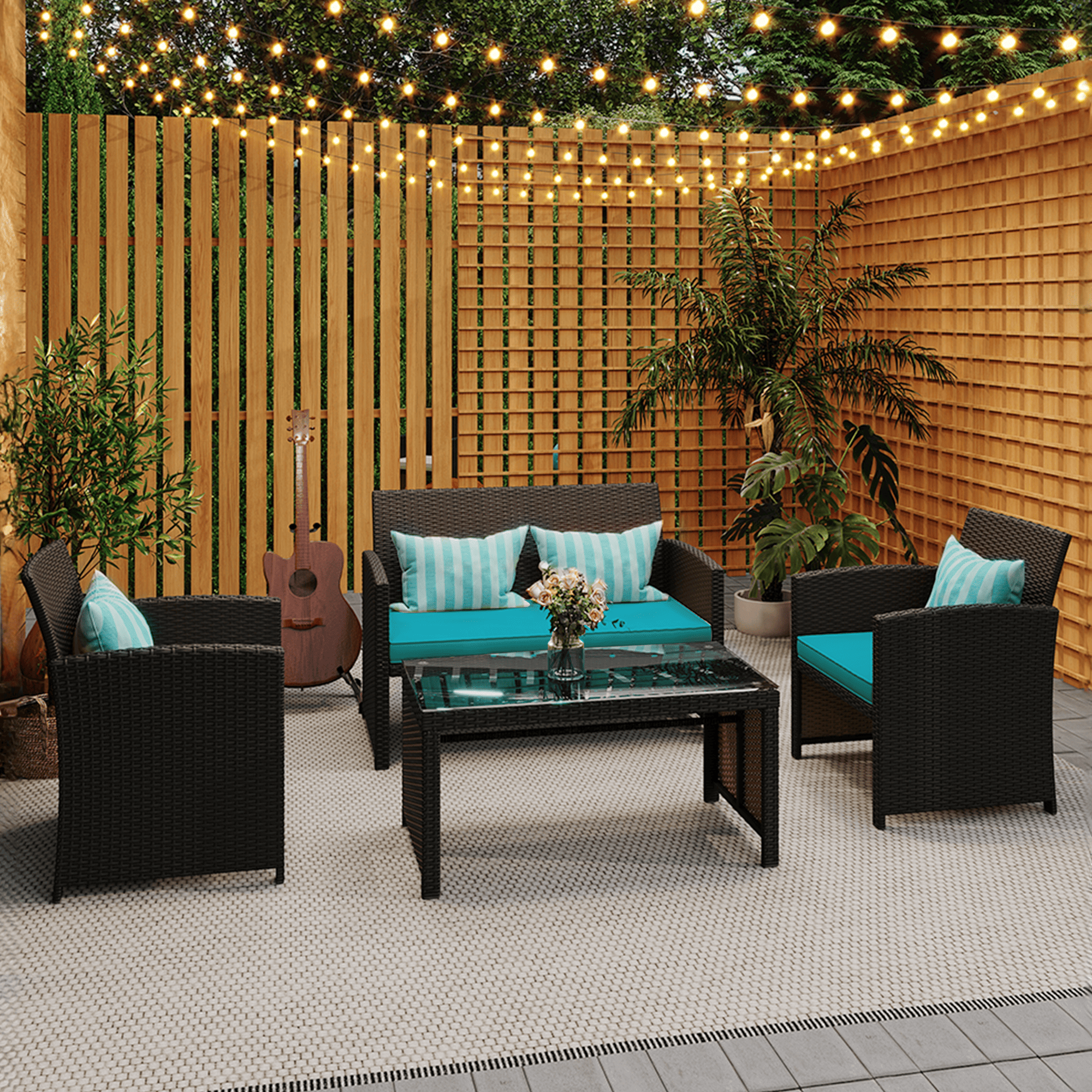 HOMREST 4-Piece Patio Furniture Set, Outdoor Wicker Patio Conversation Set with Cushions, Sofa & Glass Coffee Table, Blue