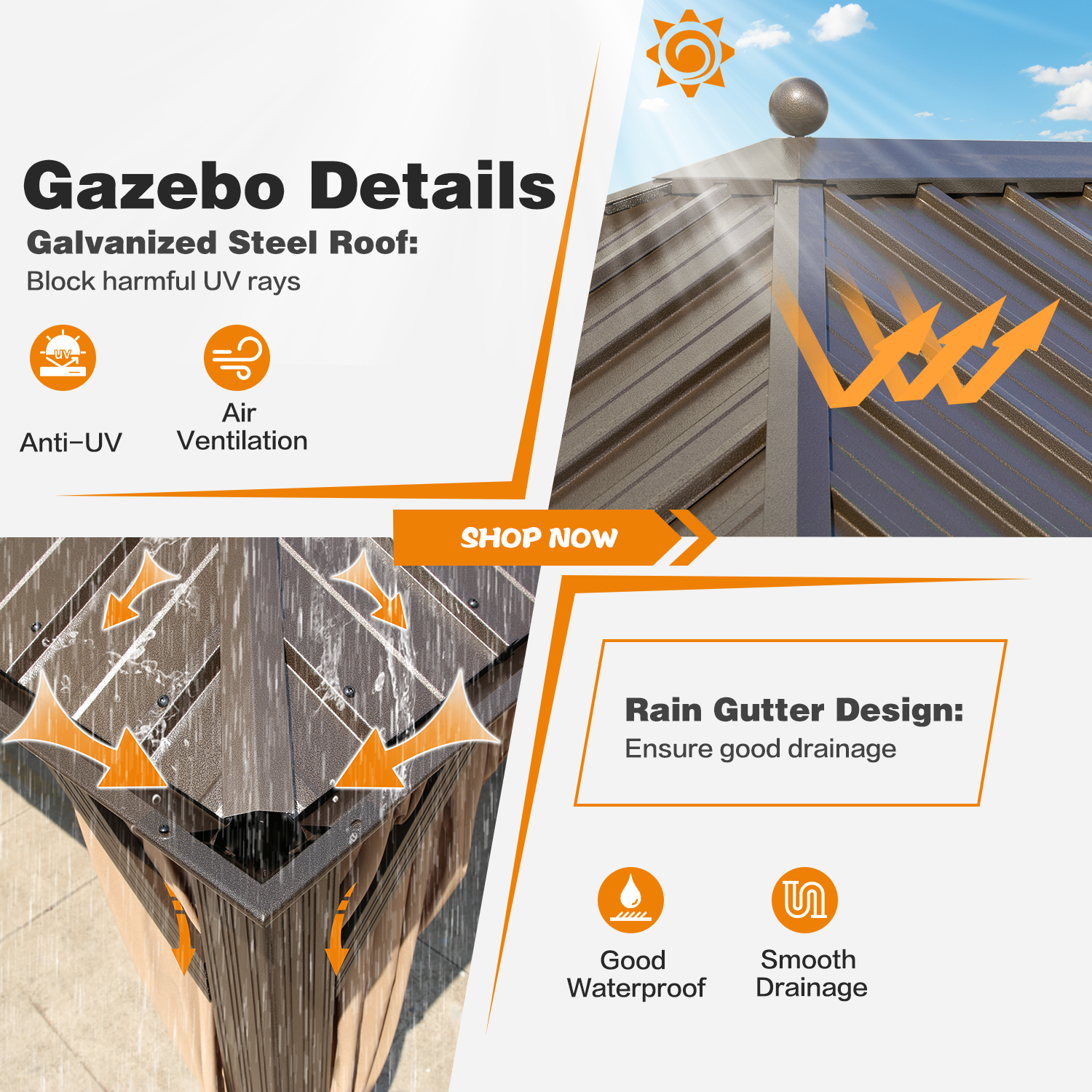 Homrest 12' x 16' Hardtop Gazebo, Galvanized Steel Metal Single Roof Aluminum Gazebo with Curtain and Netting, Brown Permanent Pavilion