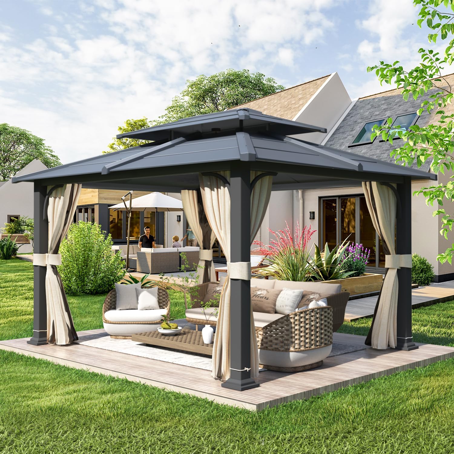 Homrest 12' x 14' Hardtop Gazebo Outdoor Double Roof with Curtains and Netting,  Anti-Rust Coating Frame