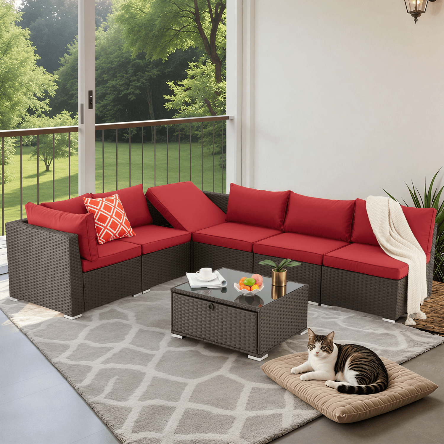 HOMREST 7 Pcs Outdoor Rattan Furniture Set with Coffee Table, Wine Red