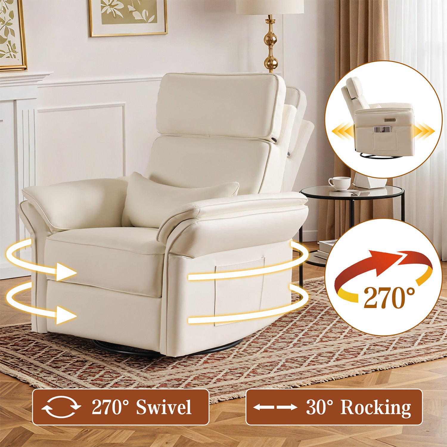 HOMREST Power Swivel Rocking Recliner Chair with Adjustable Headrest and Armrests, Beige