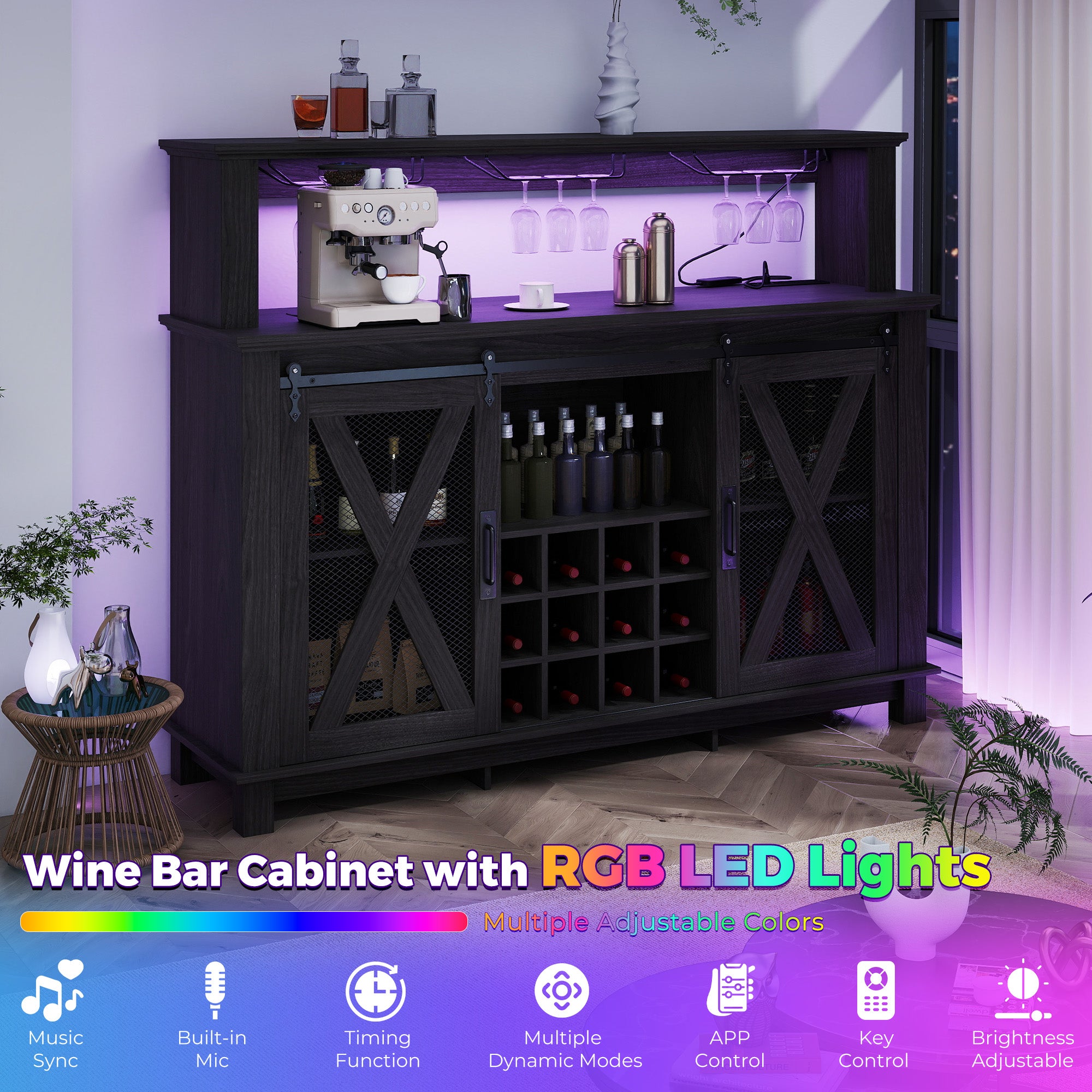 HOMREST 55" Farmhouse Bar Cabinet, Wine Coffee Bar Cabinet With Led Lights And Sliding Barn Door, Home Bar With Wine Racks And Glass Holder,  Black