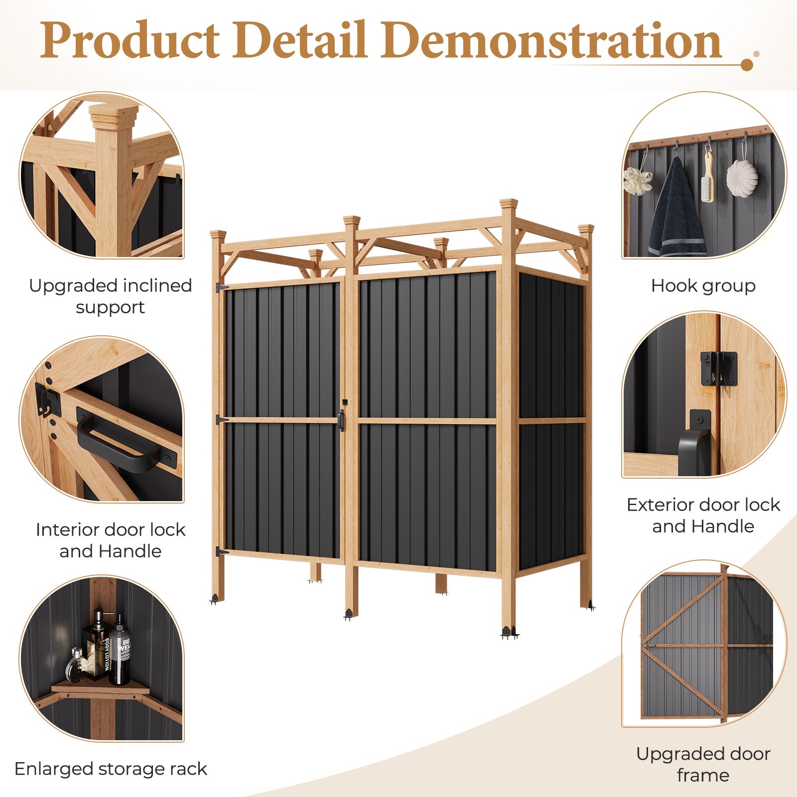 HOMREST Outdoor Shower Enclosure with Lockable Door, Weatherproof Outdoor Shower Stall with Metal Panels, Hooks & Shelves - Perfect for Pool Wash Station, Backyard & Beach Rinse Area Large Version