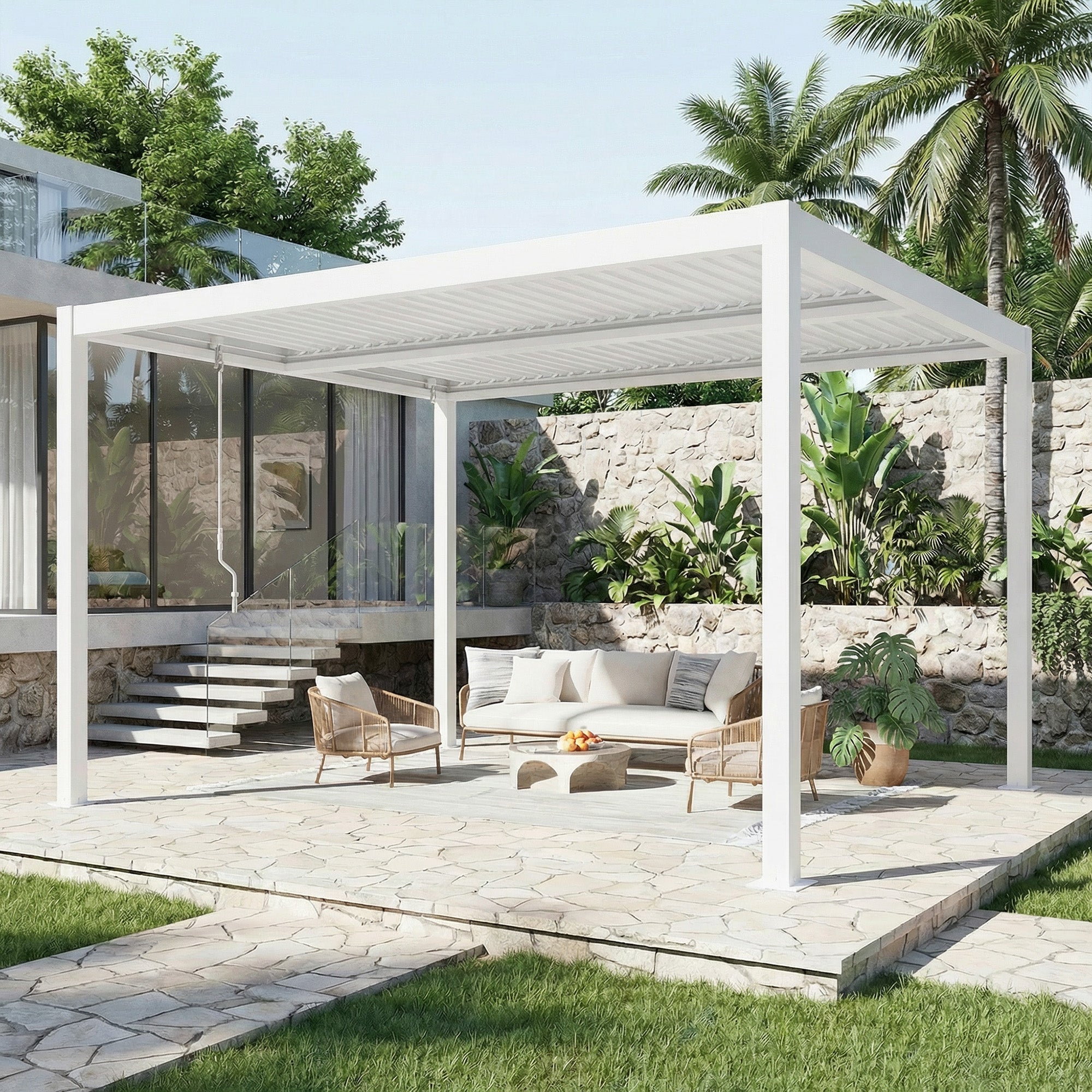 HOMREST 10' x 12' Outdoor Pergola with Adjustable Louvered Roof & Integrated Drainage, Heavy-Duty Metal Louvered Pergola for Patios, White