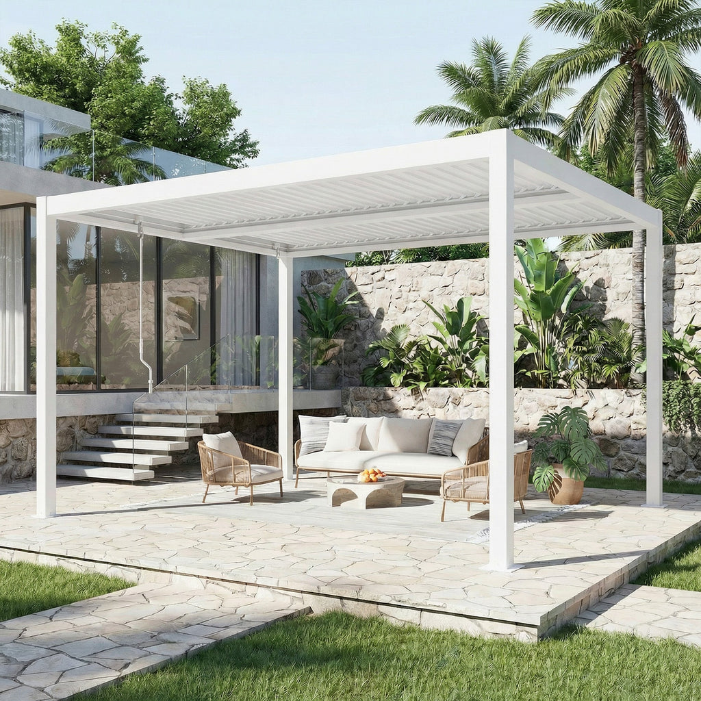 HOMREST 10' x 12' Outdoor Pergola with Adjustable Louvered Roof & Integrated Drainage, Heavy-Duty Metal Louvered Pergola for Patios, White