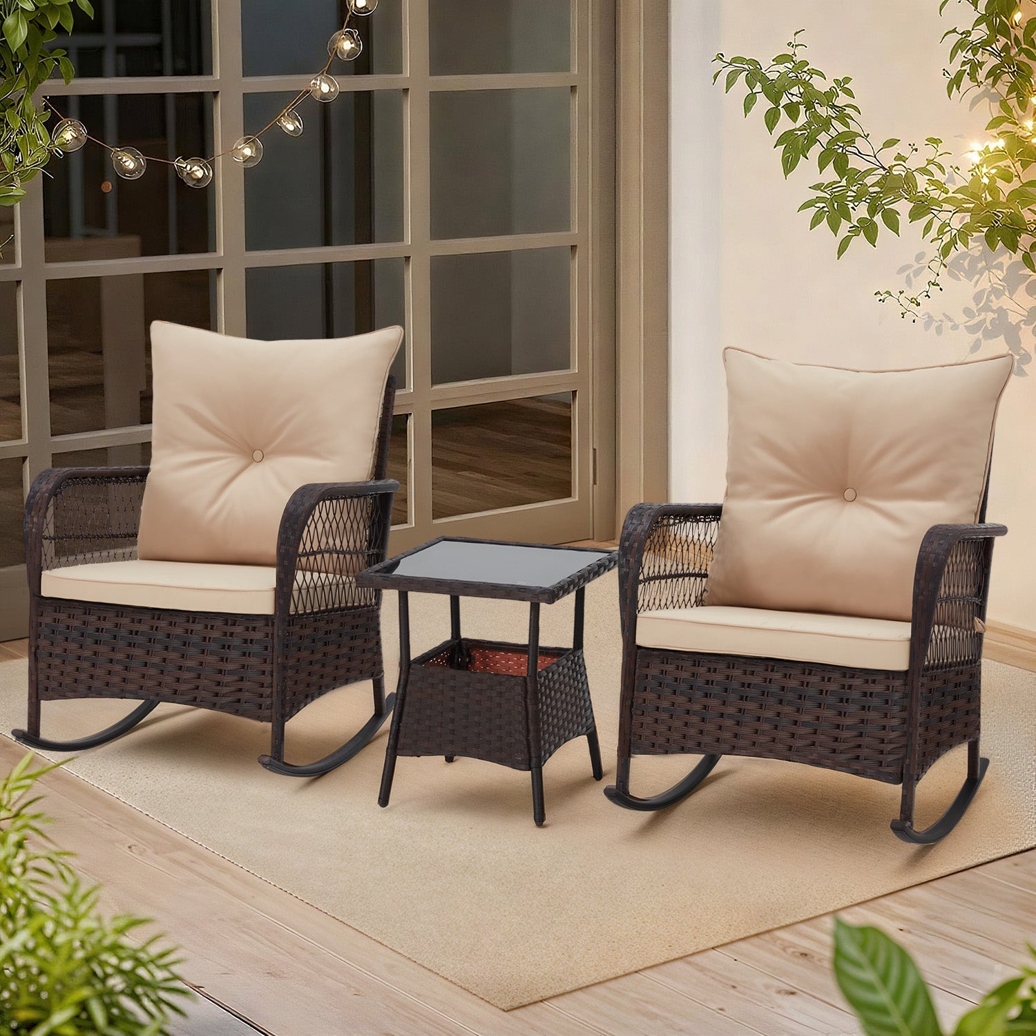 HOMREST 3 pcs Rocking Bistro Set, Outdoor PE Rattan Rocking Chairs with Tempered Glass Coffee Table
