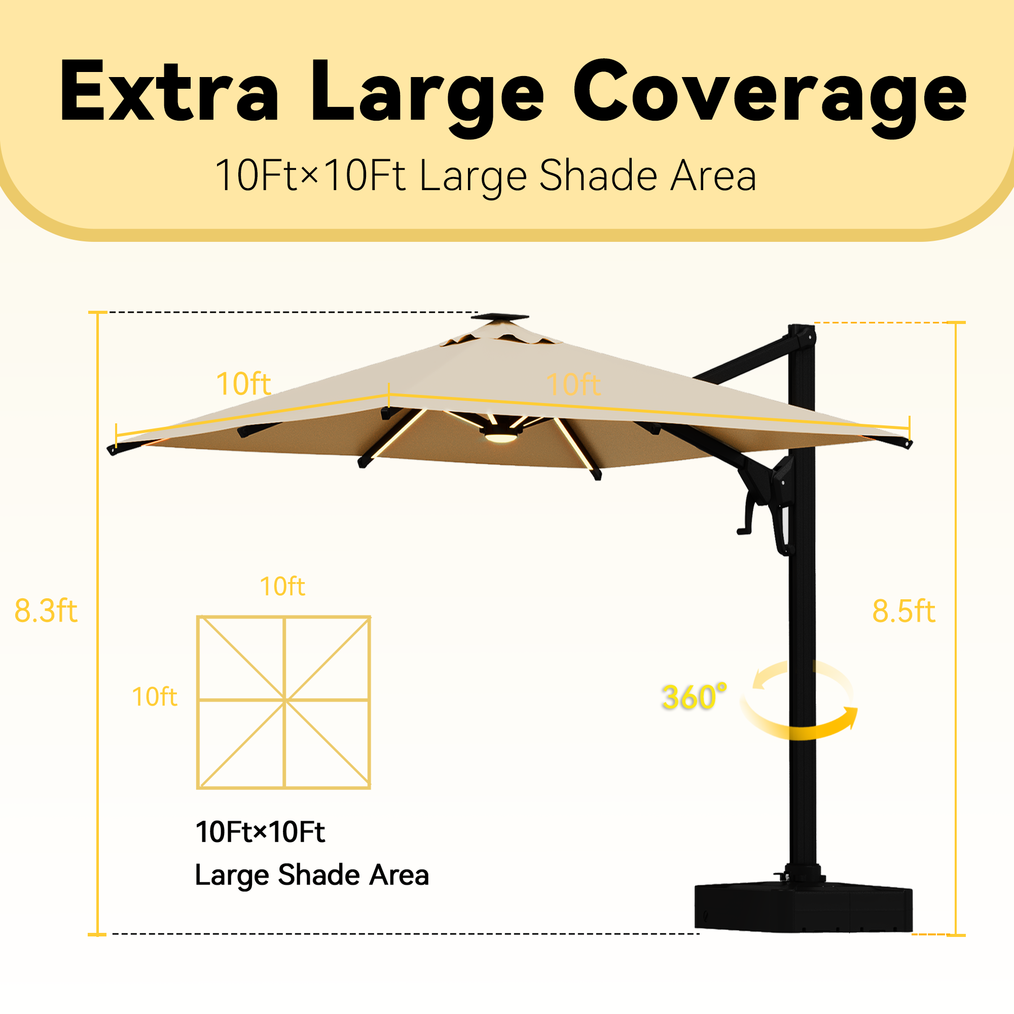 HOMREST 10 X 10 Cantilevered Umbrella with LED Lights(Base Excluded)  - Brown