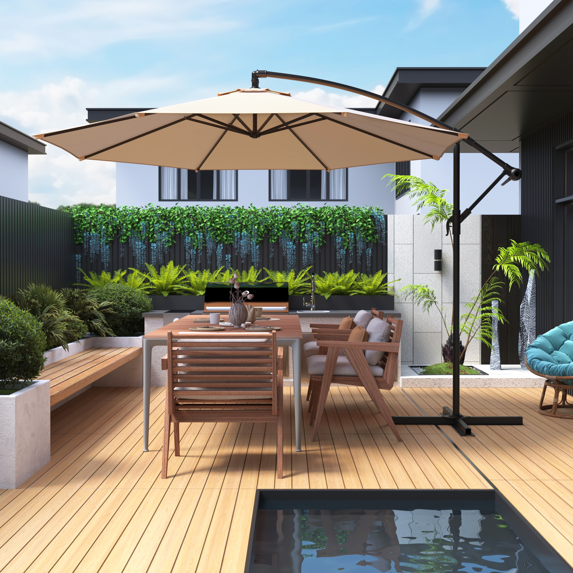 Homrest 10ft Offset Patio Umbrella - Outdoor Hanging Umbrella with Easy Tilt, 99.9% UV Protection, and Sturdy Iron Frame for Garden, Pool, Backyard, Beige
