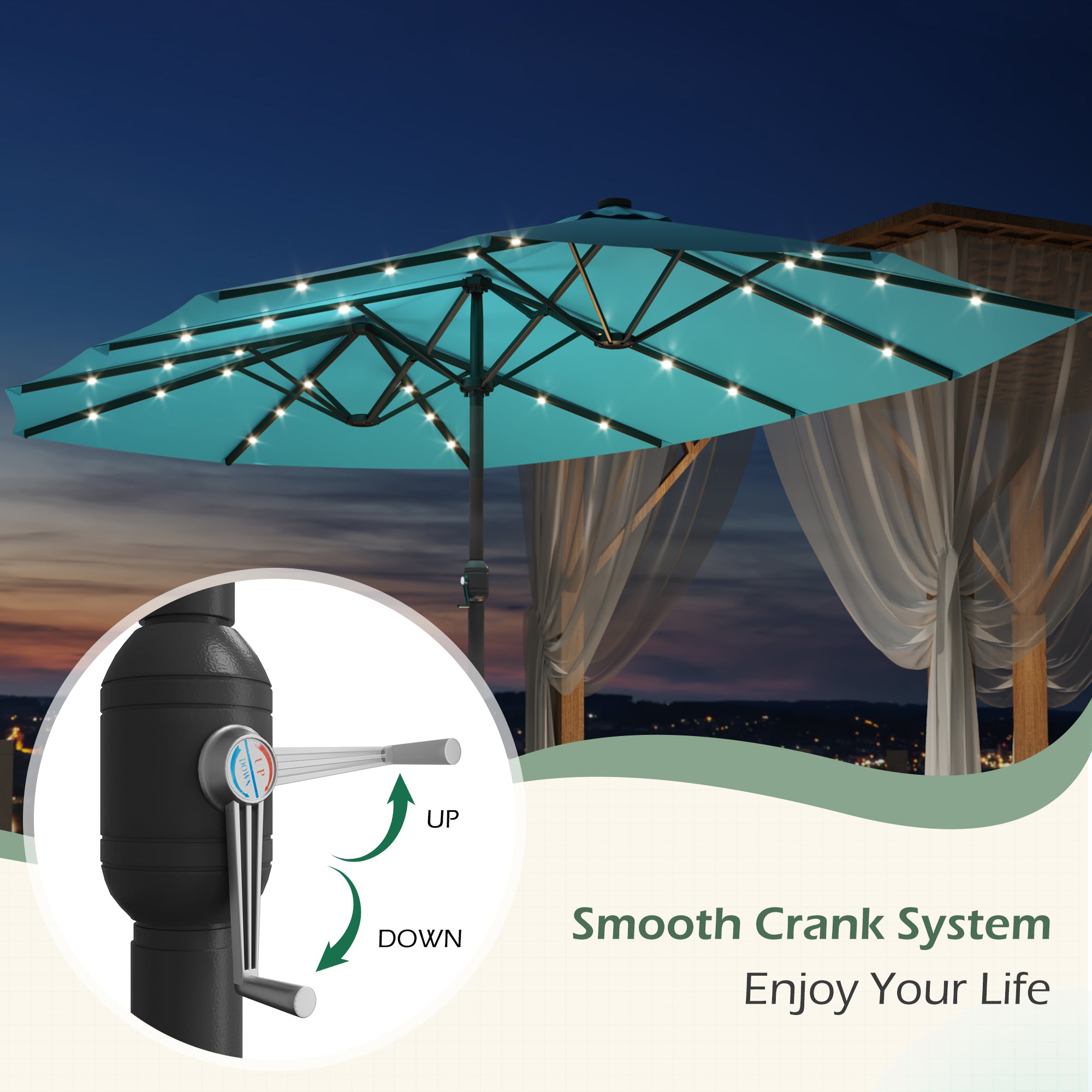 HOMREST 15ft Large Double-Sided Patio Umbrella with Solar LED Lights, Outdoor Crank System, and Base – Perfect for Garden, Deck, Poolside, Bule
