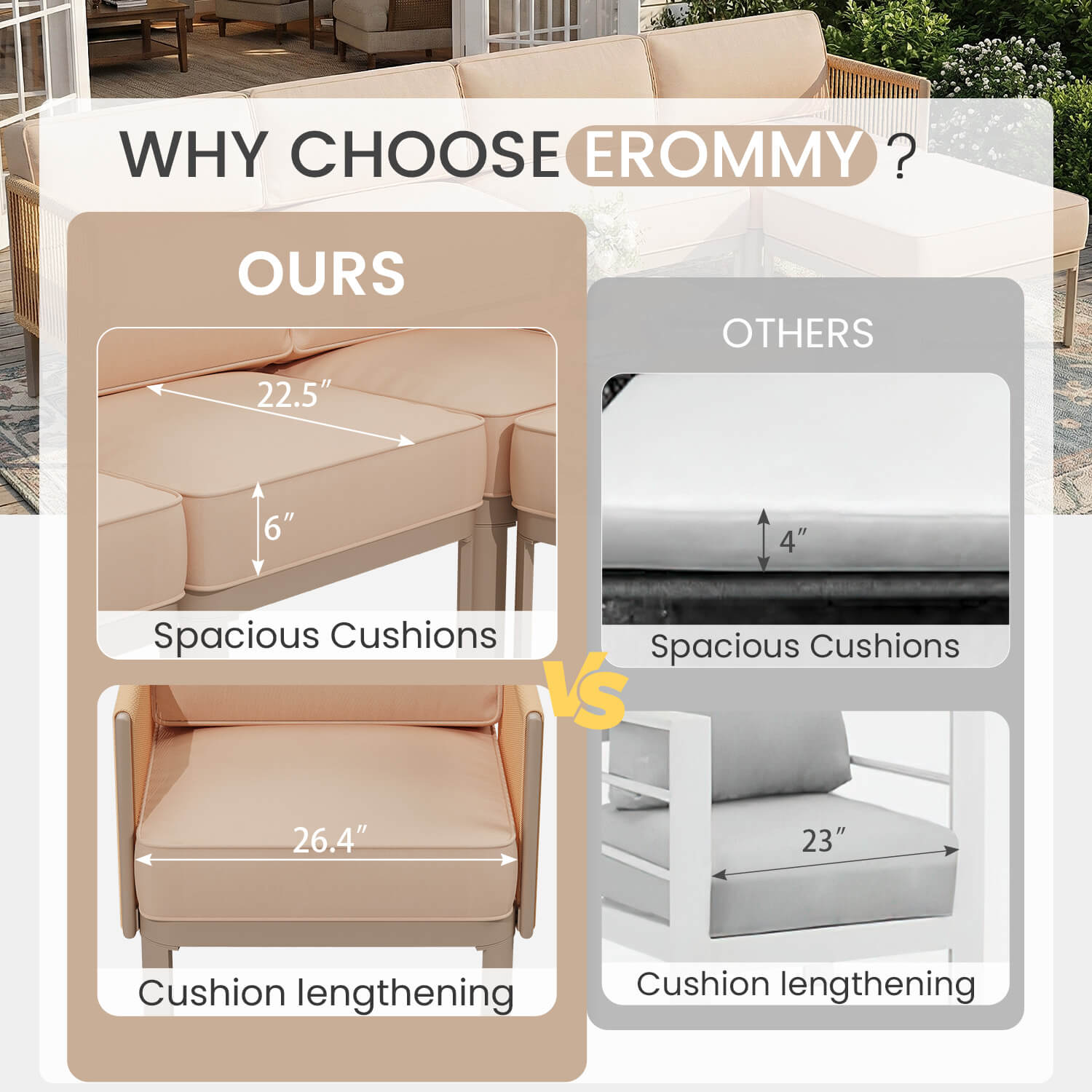 HOMREST 6-Piece Aluminum Outdoor Sectional Sofa Set with Ottoman, Cushions & Coffee Table, Beige