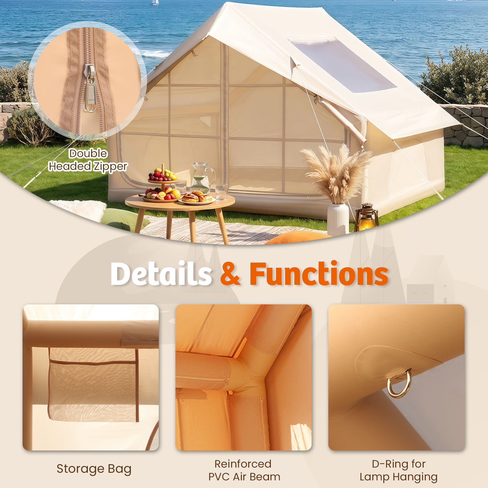 HOMREST Inflatable Tents for Camping with Skylight, Blow Up Tent with Large Mesh Doors & Hand Pump, 1 Minute Quick Setup Air Tent, Waterproof Oxford