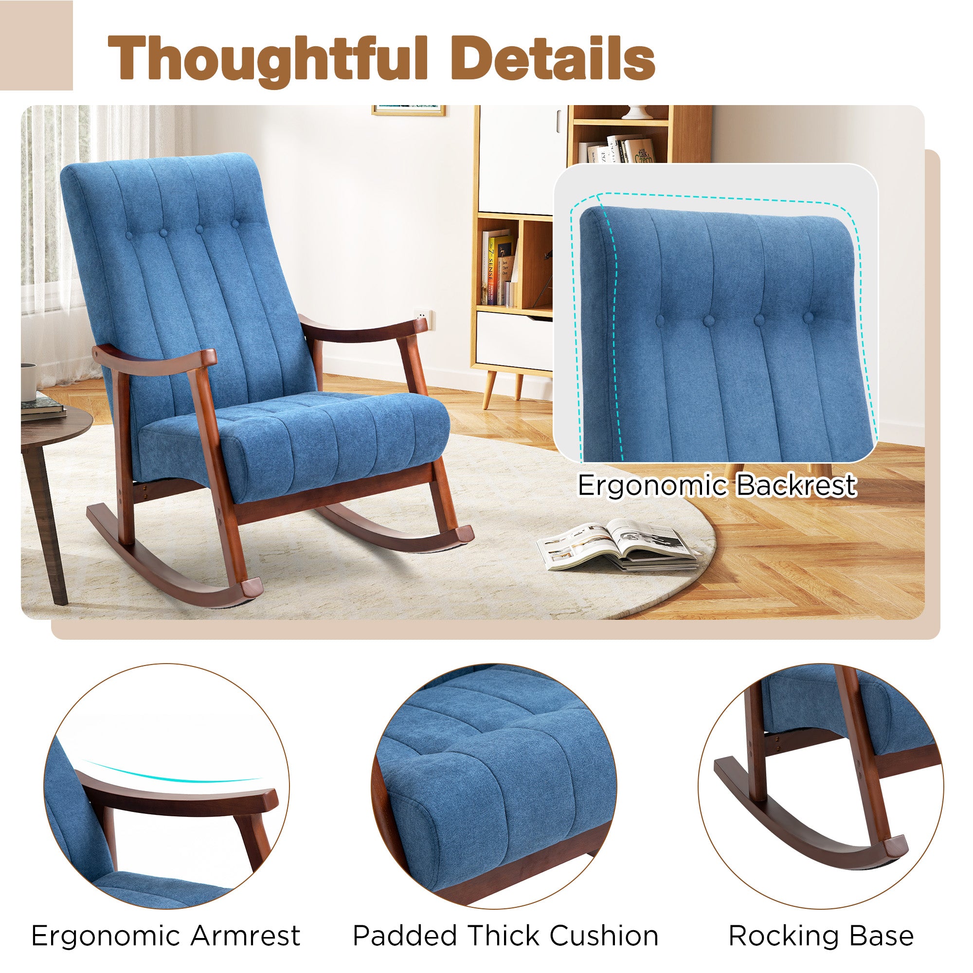 HOMREST Upholstered Rocking Chair with Fabric Padded Seat, Comfortable Rocker Solid Wood for Living Room, Modern High Back Armchair for Adult, (Blue)