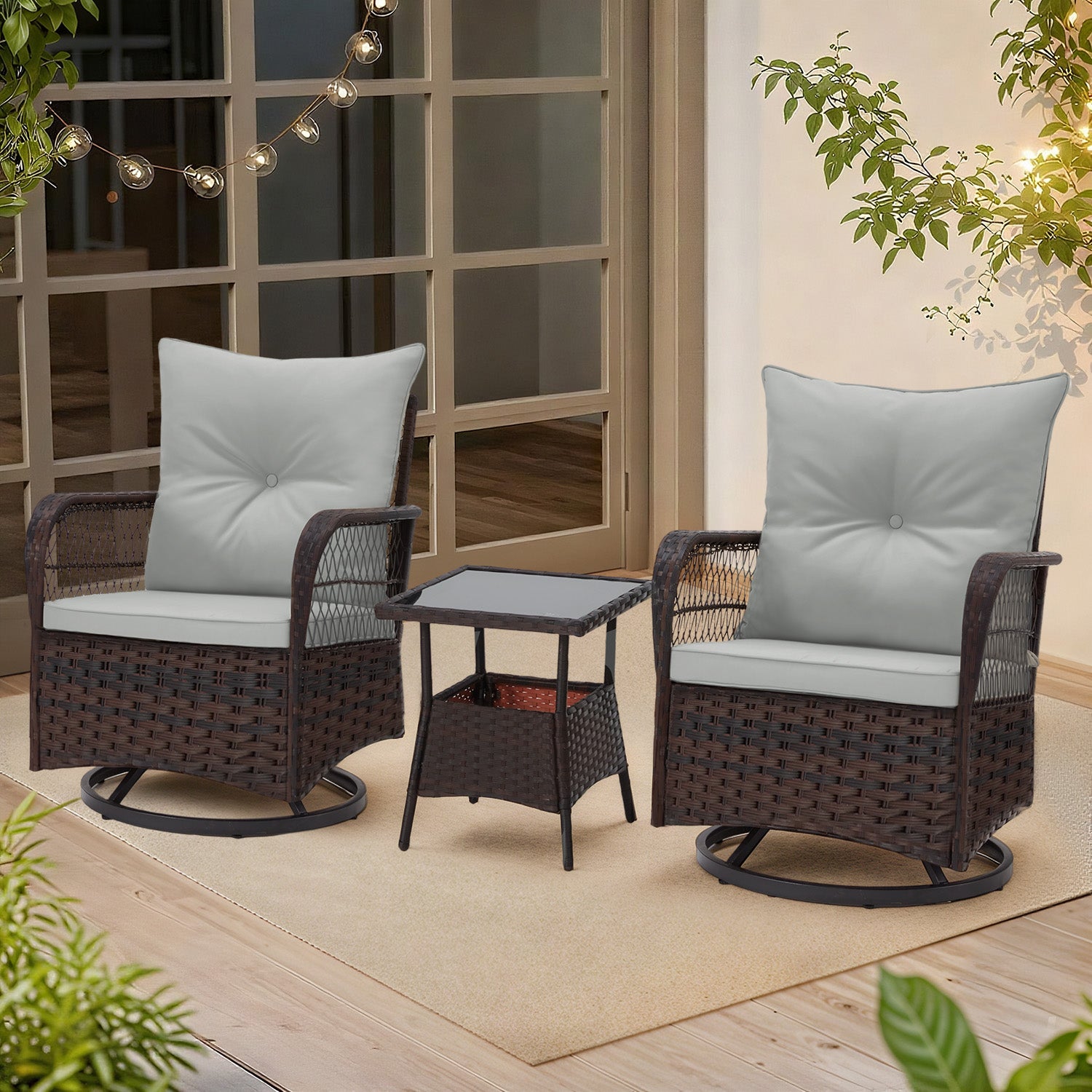HOMREST 3-Piece Patio Swivel Rocker Set with Rattan Coffee Table for Lawn, Garden, Porch