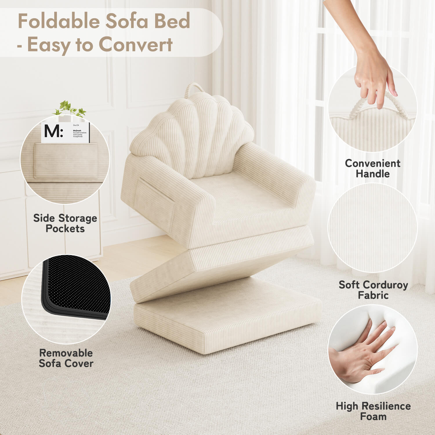 HOMREST 2-in-1 Folding Sofa Bed with Back Support, 75" D x 34" W Convertible Futon Sleeper Chair for Living Room Bedroom Small Spaces, Beige