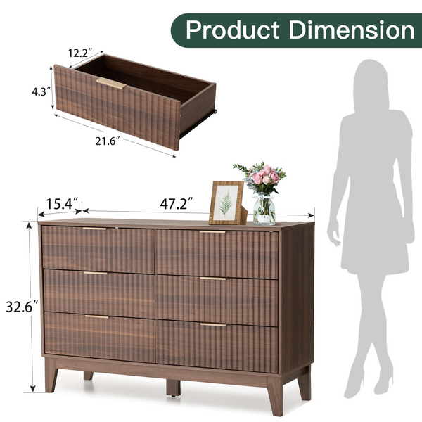 HOMREST Fluted Dresser for Bedroom, 6 Drawer Modern Dresser, Wide Modern Chest of Drawers with Metal Handle, Mid Century Modern Dresser, Walnut