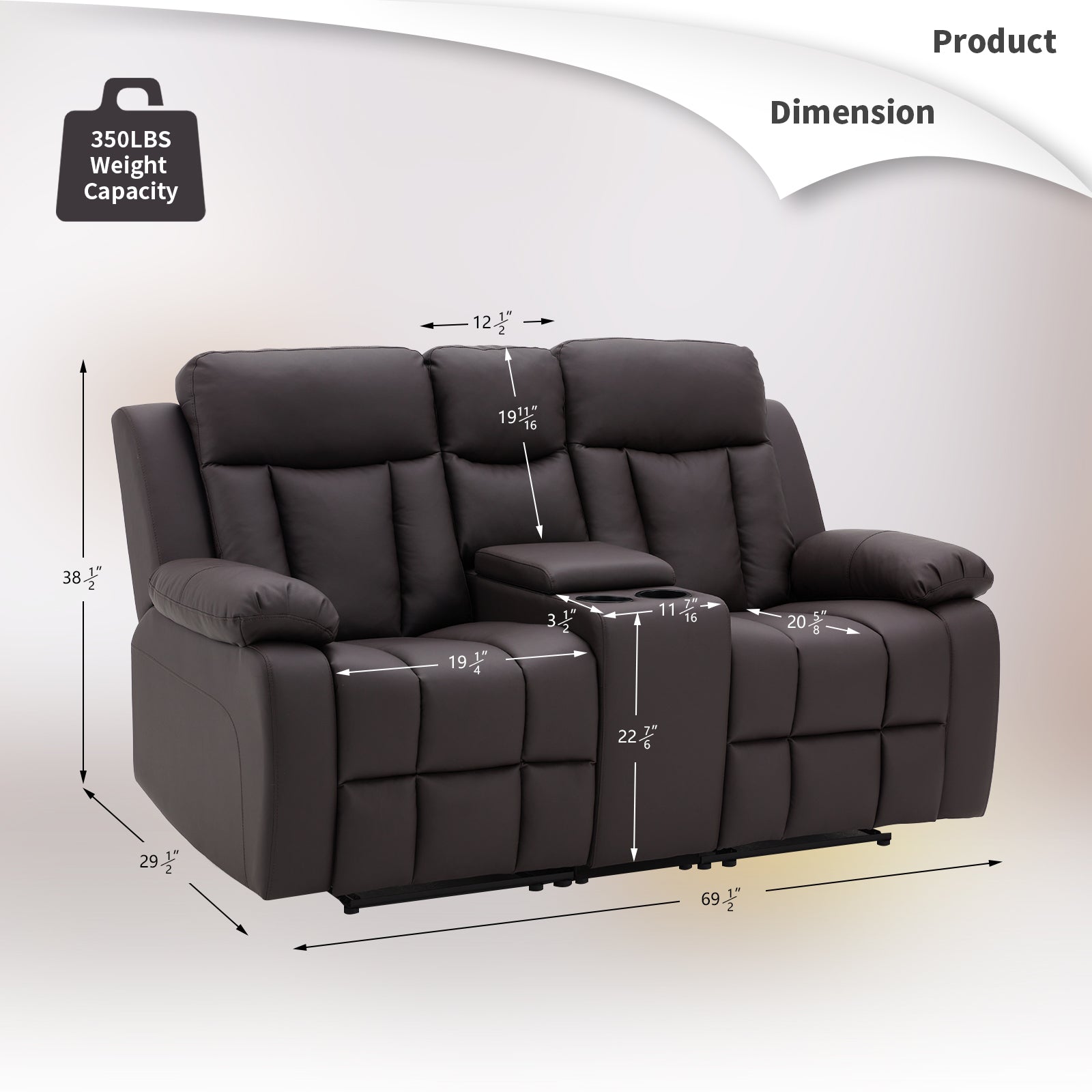 Dimensions of Homrest Breathable Leather Fabric Recliner LoveseatChair with PU Padded Seat Backrest