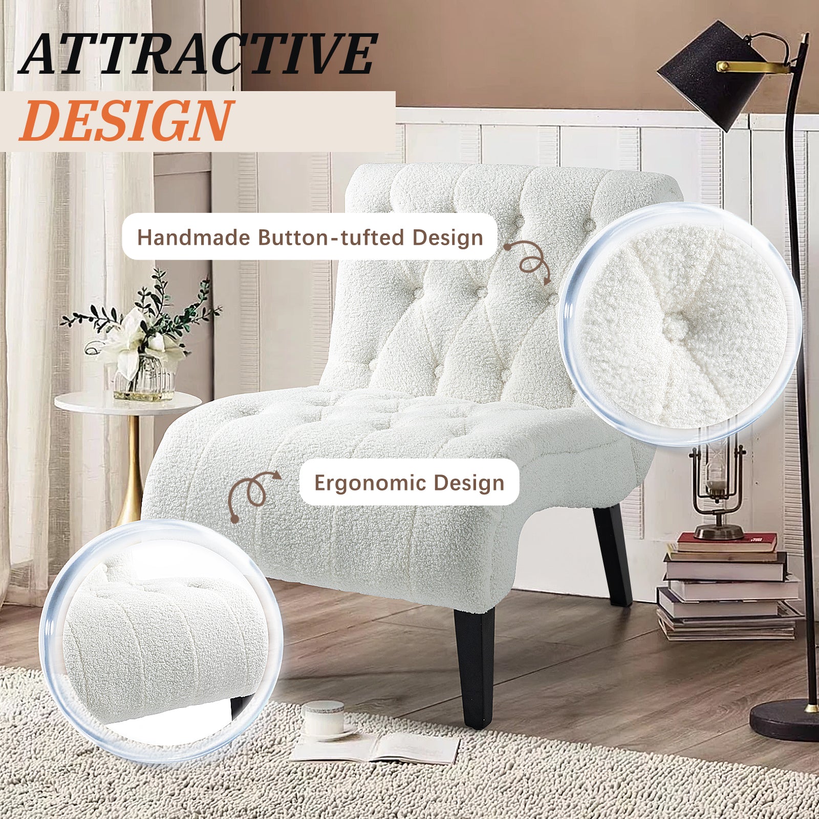 HOMREST Armless Accent Chair, Upholstered Button Tufted Living Room Chairs with Wood Legs, Comfy Frosted Velvet Lounge Chair Reading Chair for Bedroom, White
