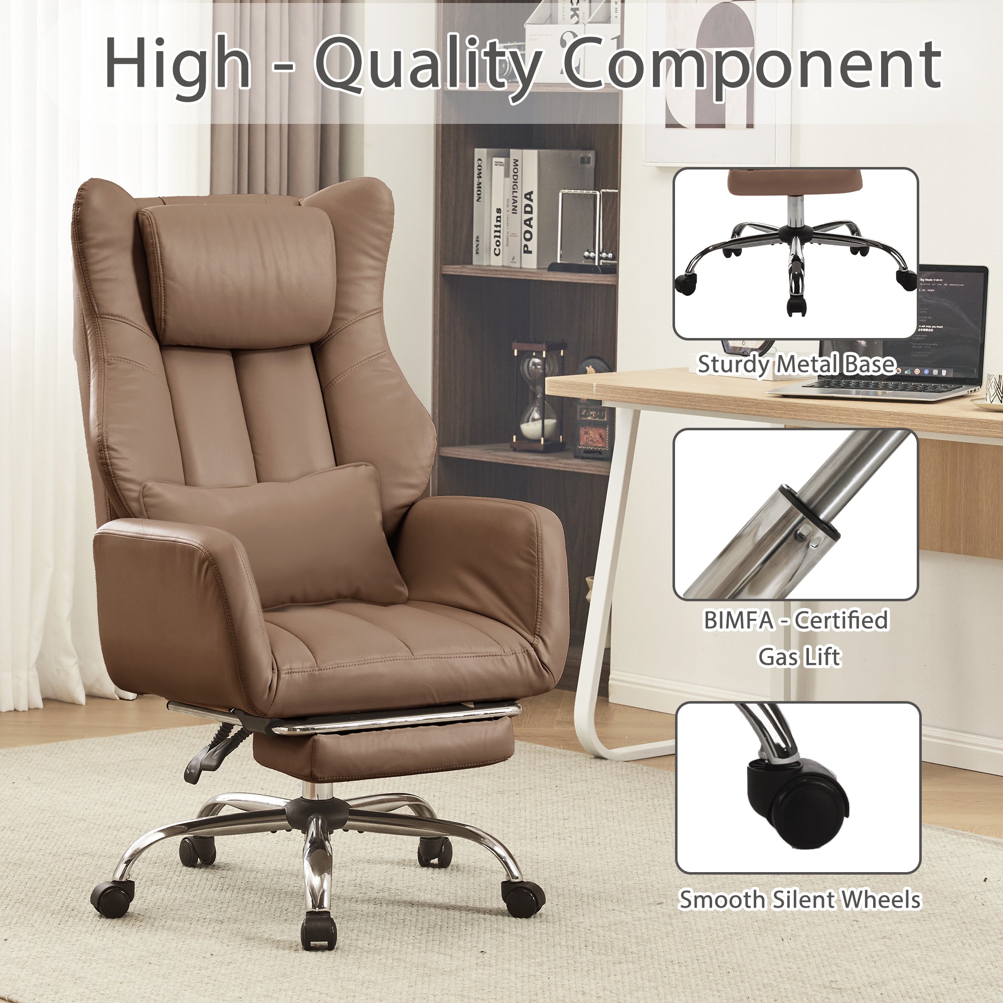 HOMREST Ergonomic Cross Legged Office Chair with Footrest,Big and Tall Leather Executive Chair with Reversible Armrest,Lumbar Pillow and Wheels,155° Reclining Computer Wide Desk Chair for Home,Office (Brown)