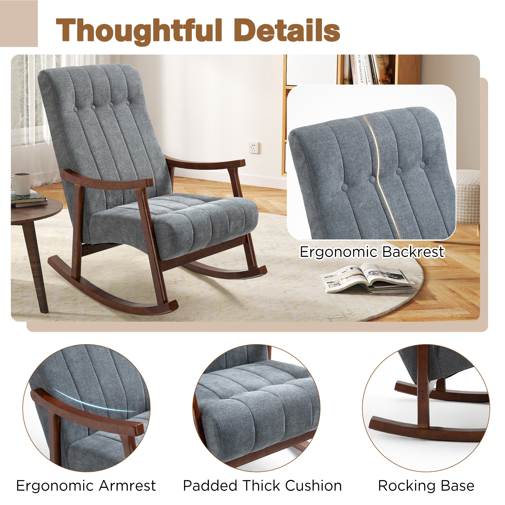 HOMREST Upholstered Rocking Chair with Fabric Padded Seat, Comfortable Rocker Solid Wood for Living Room, Modern High Back Armchair for Adult, Light Gray