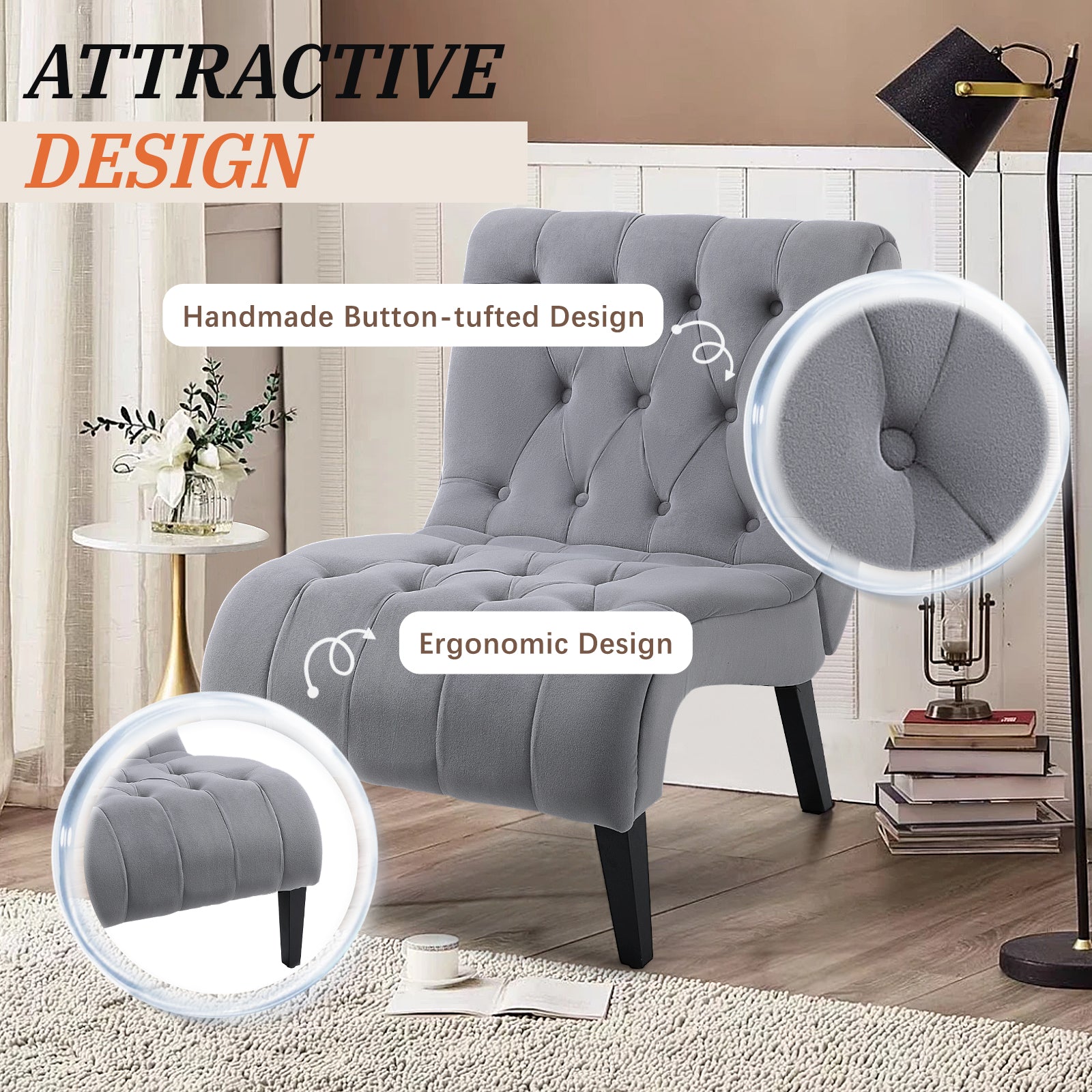 HOMREST Armless Accent Chair, Upholstered Button Tufted Living Room Chairs with Wood Legs, Comfy Frosted Velvet Lounge Chair Reading Chair for Bedroom, Grey