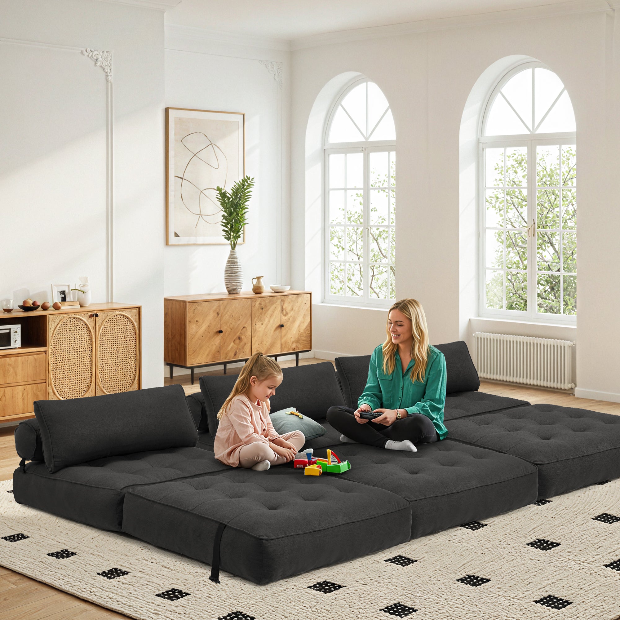 HOMREST 3-Piece Modular Sectional Sofa, Convertible Lounge Set – Foldable Couch Bed, Black