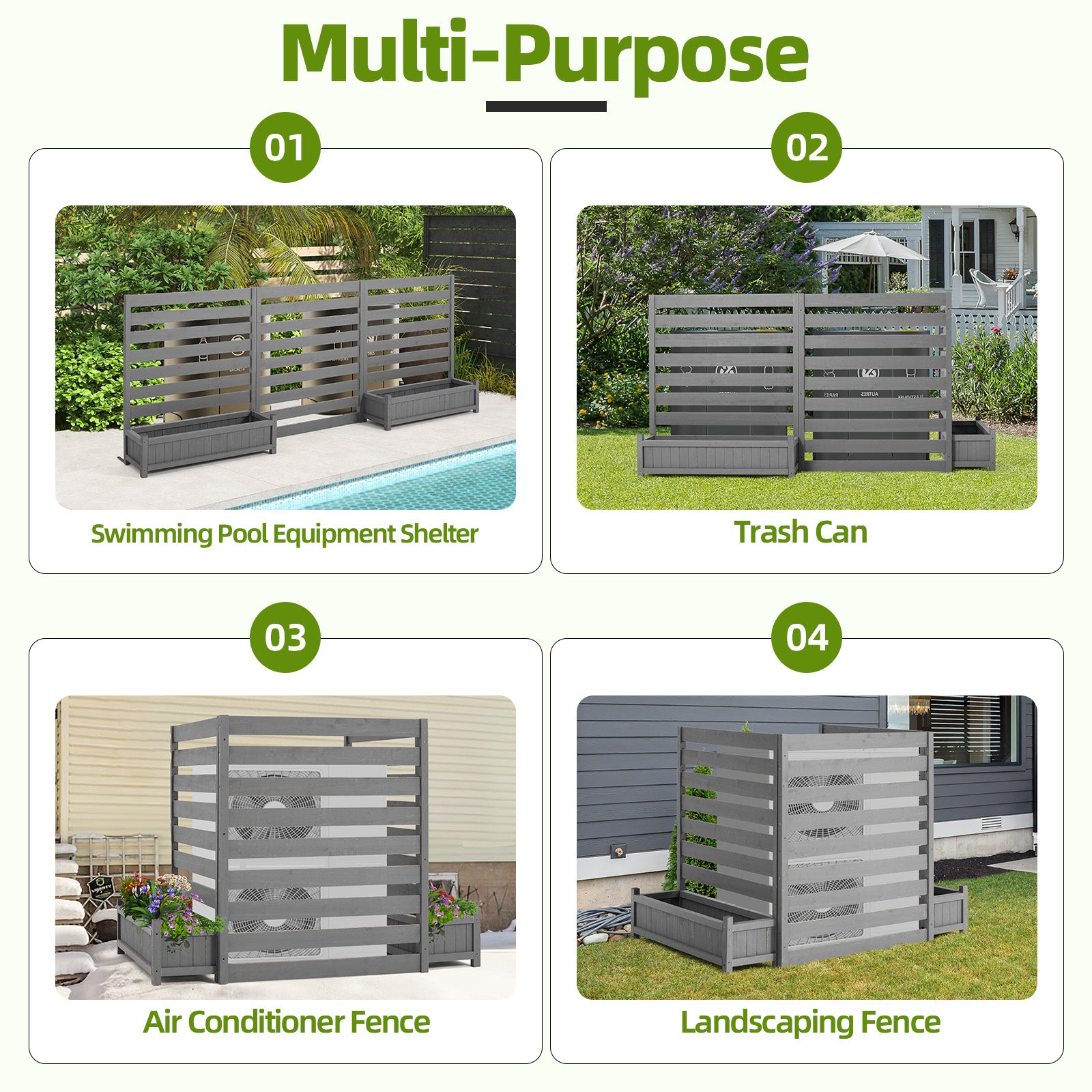HOMREST No-Dig Privacy Fence with Planter Box - 3 Panels, 33" W x 39" H Durable Outdoor Patio Wood Screen for AC Unit, Trash Hide & Floral Garden Bed, Grey