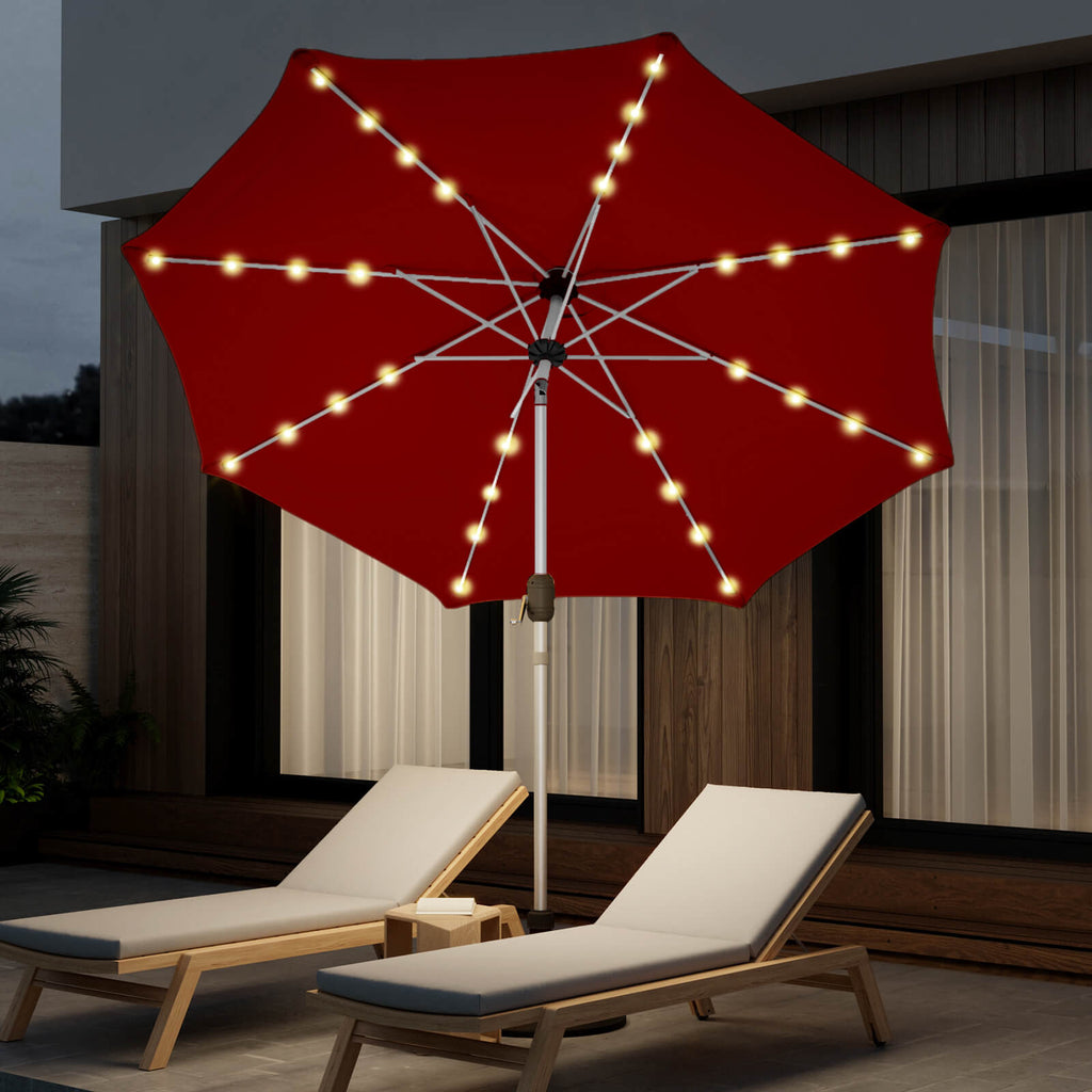 Homrest 10FT Solar Lighted Patio Umbrella, Fade-Resistant Outdoor Umbrella with Tilt, 8 Aluminum Ribs Burgundy