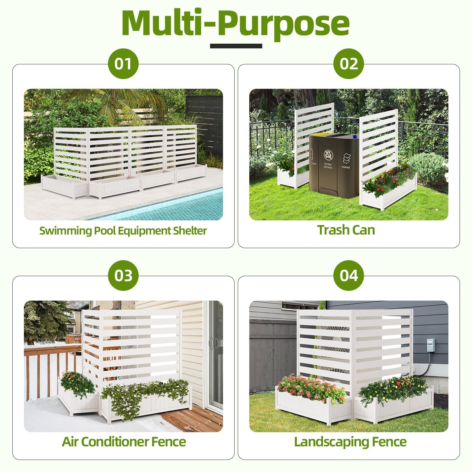 HOMREST 2-Pack No-Dig Privacy Fence Planter, Wood Outdoor Screen Air Conditioner Fence for AC Unit, Trash & Flower Bed, Weather-Resistant, 36" W x 45" H, White
