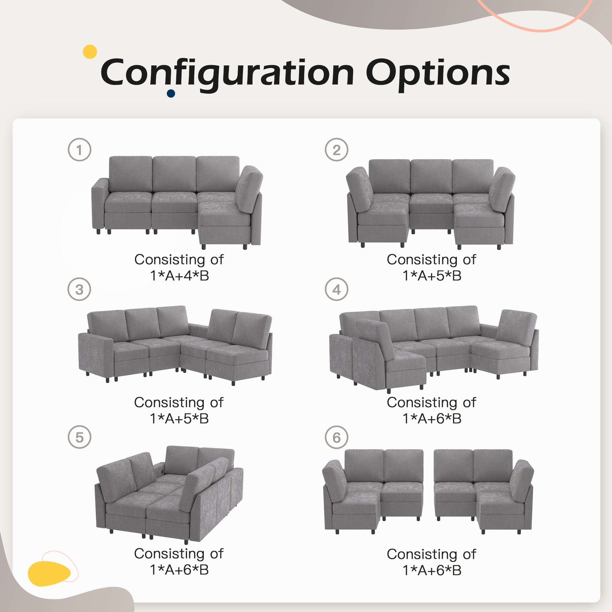 Homrest 6  Piece Modular Sectional Couch with Storage for Living Room, Light Grey