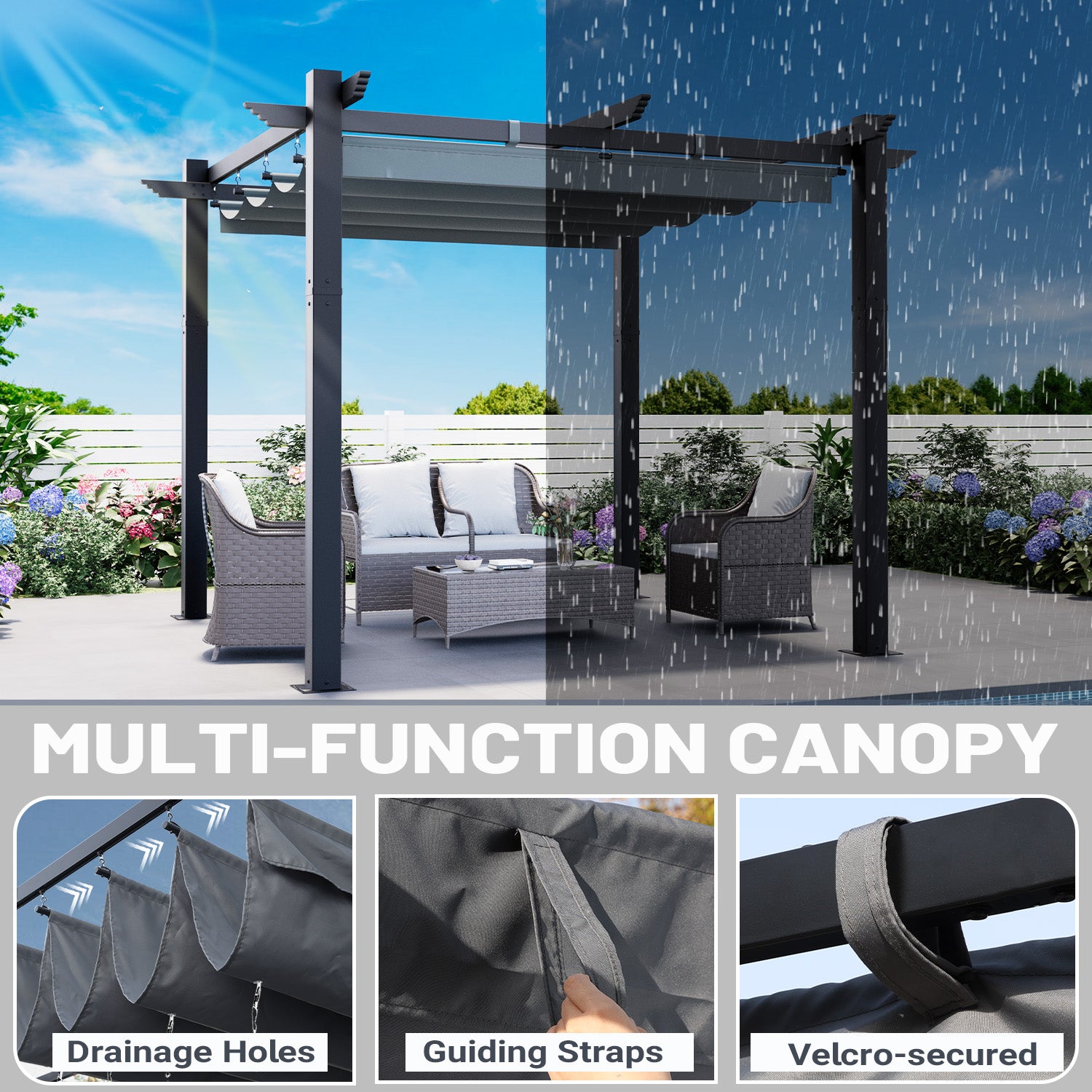 HOMREST Retractable Pergola 10x10 Ft, Upgraded Sun Shade with Waterproof Canopy, Durable Metal Patio Shelter with Magnetic Attachment for Backyard Garden Deck (Gary)