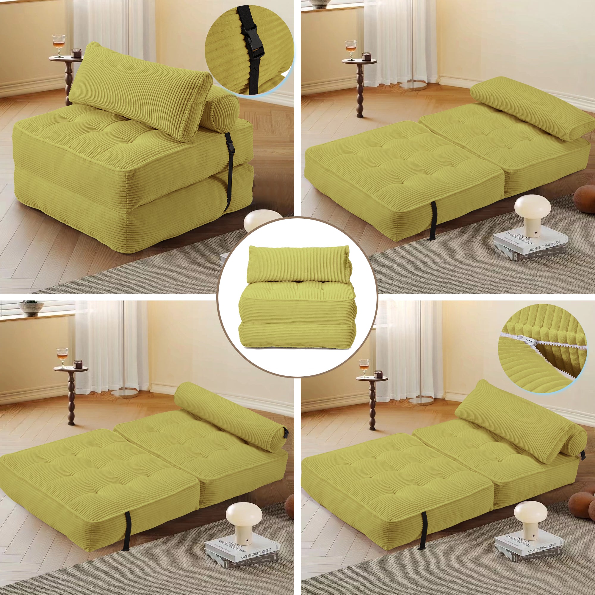 HOMREST Folding Out Chair Bed, Convertible Sofa Bed with 2 Pillows, Avocado Green