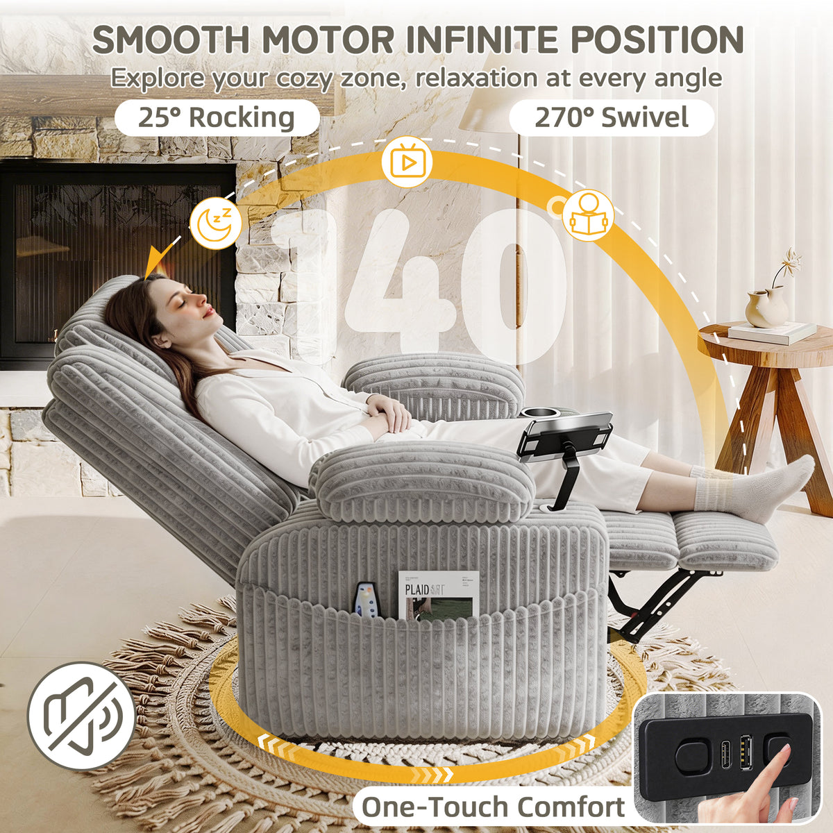 HOMREST Power Oversized Swivel Rocker Recliner with Massage and Heat, Nursery Rocking Chairs for Living Room, Grey