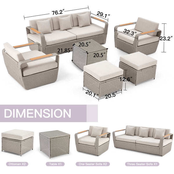 Homrest 6 Pcs Patio Furniture Set with Thick Cushion and Coffee Table, Light Gray