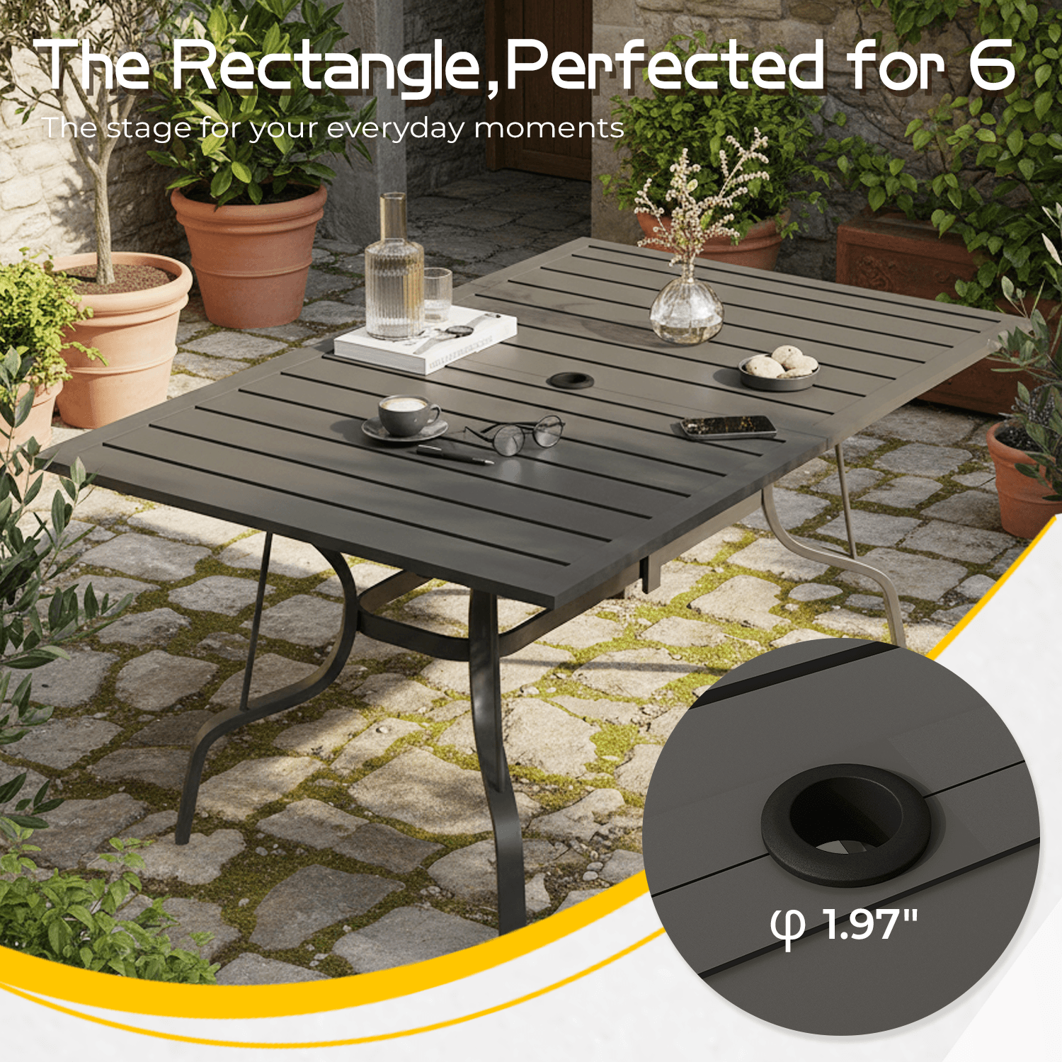 HOMREST 7-Piece Outdoor Patio Dining Set,  6 Wicker Swivel Rocking Chairs with Cushions & Rectangular Table with Adjustable Umbrella Hole, Black