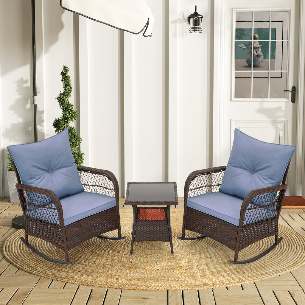 HOMREST 3-Piece Rattan Rocking Bistro Set with Glass Coffee Table for Porch & Garden