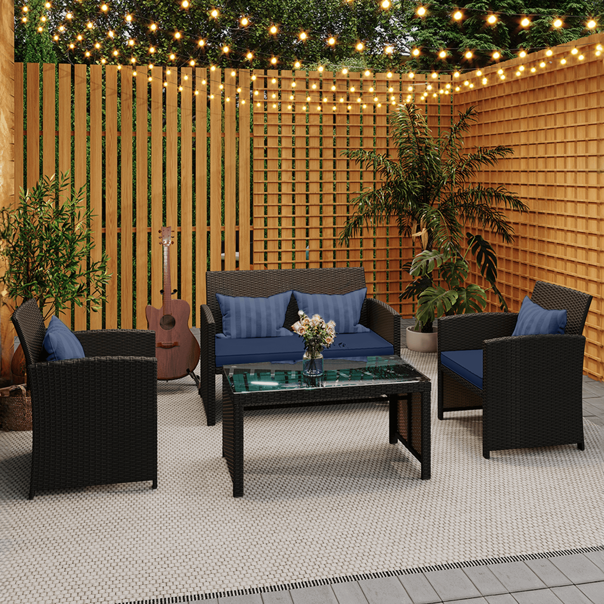 HOMREST 4-Piece Patio Furniture Set, Outdoor Wicker Patio Conversation Set with Cushions, Sofa & Glass Coffee Table, Navy Blue