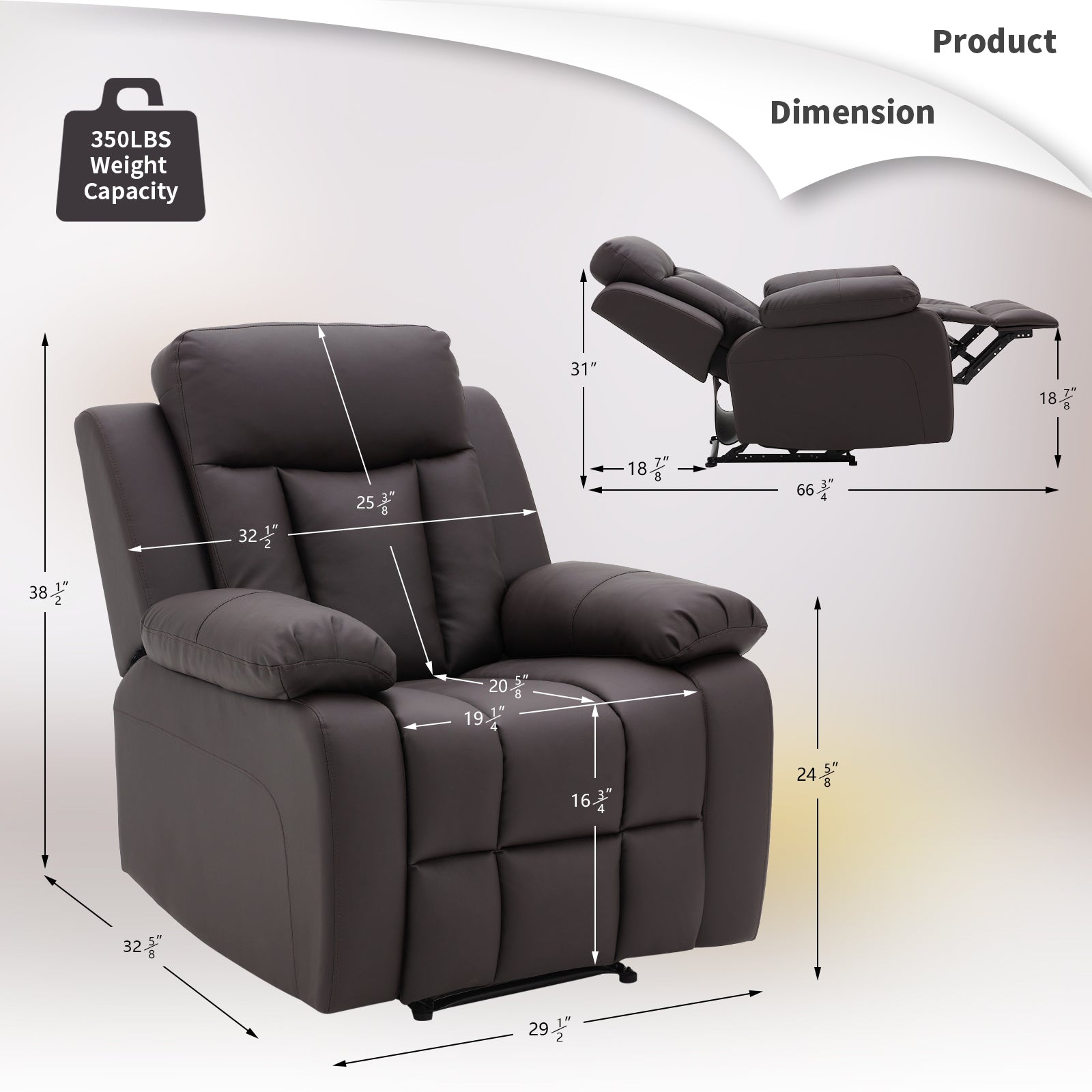 Dimensions of Homrest Breathable Leather Fabric Recliner Chair with PU Padded Seat Backrest