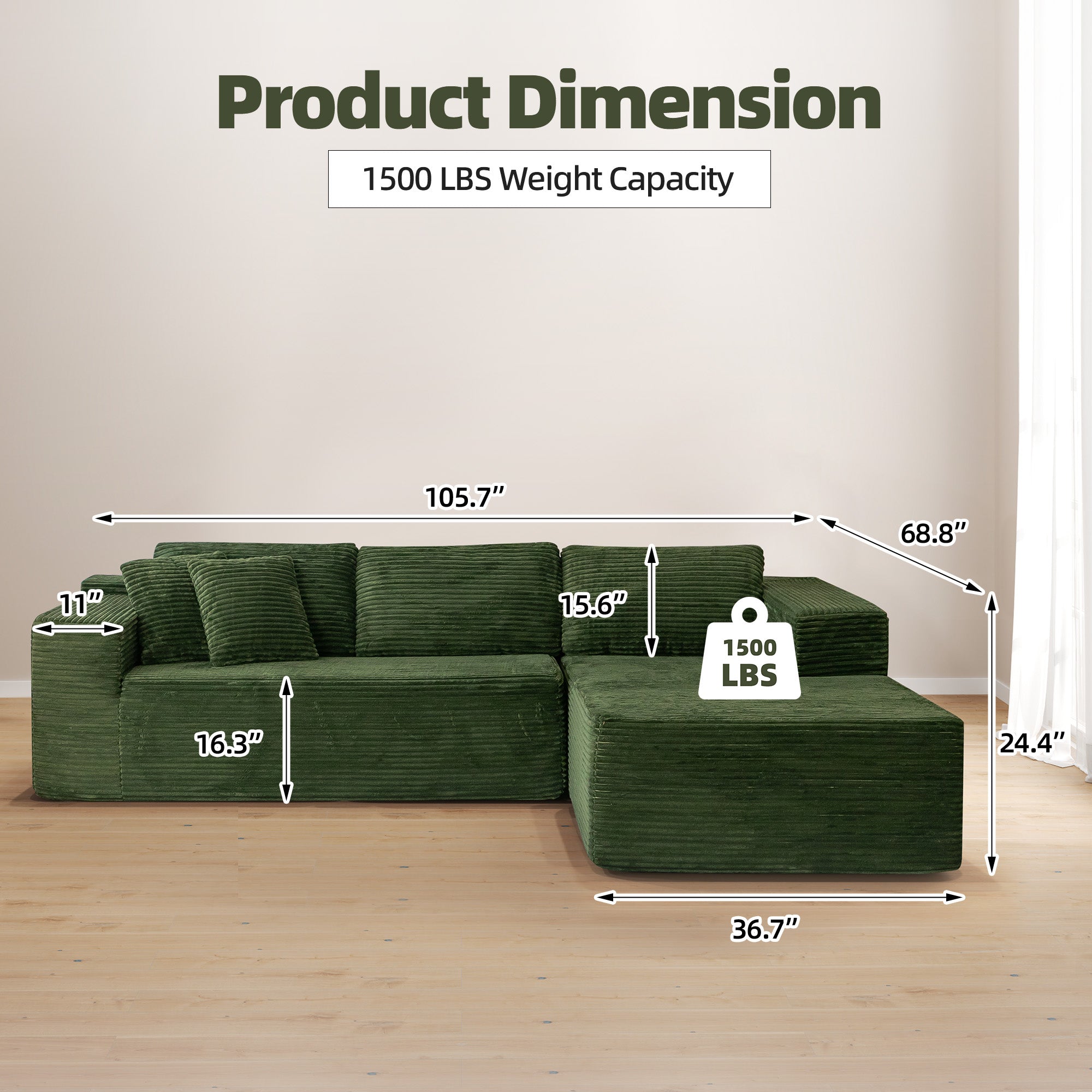 HOMREST 106 inch Cloud Sectional Couch with Chaise Lounge for Living Room, Corduroy Fabric, Green