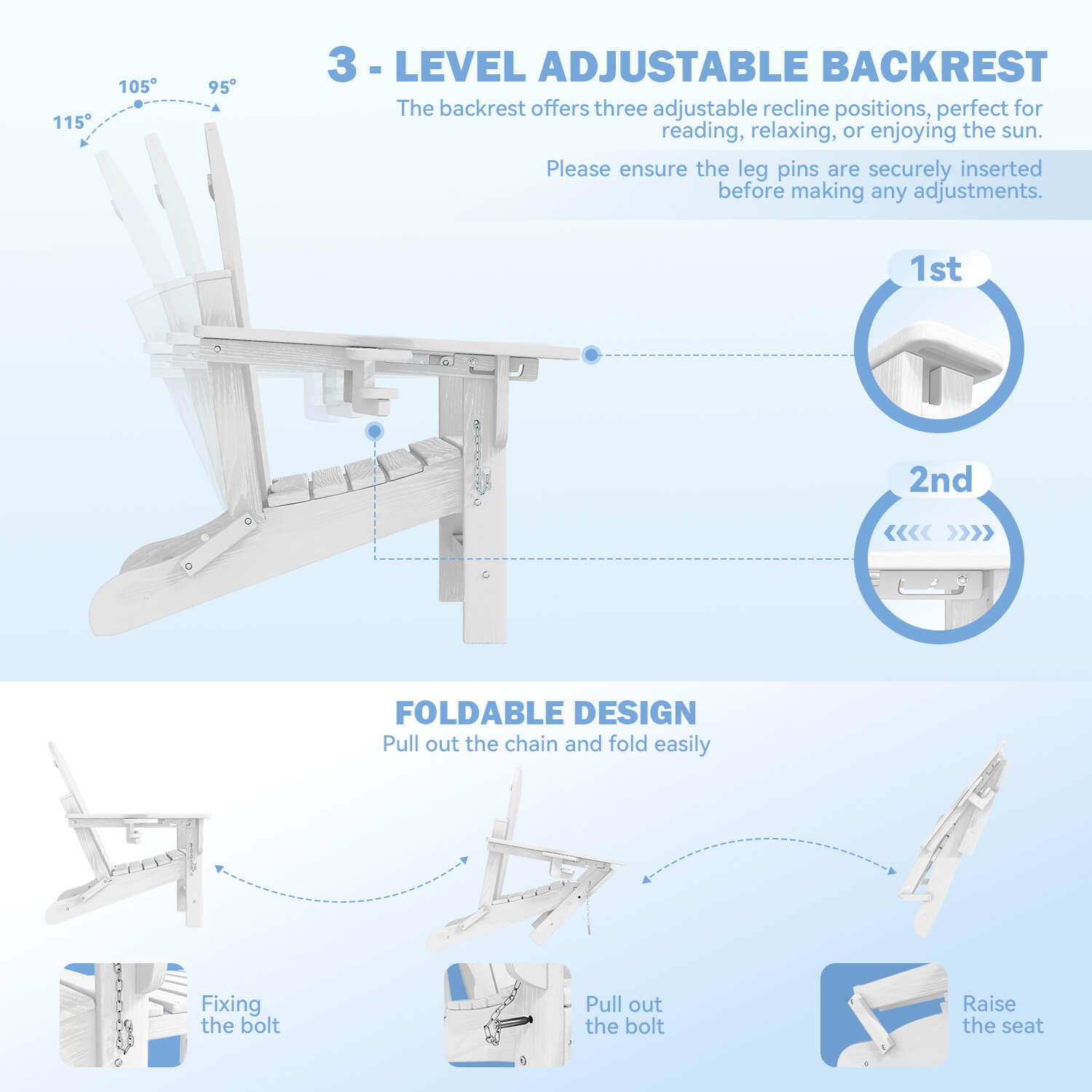 HOMREST 3-Level  Adjustable Adirondack Chair with Retractable Ottoman, Folding HDPE Outdoor Chair with Cup Holders, White